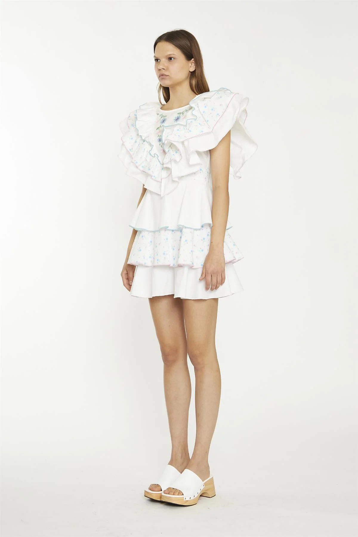 White/Blue/Pink Ditsy-Mix Tiered-Frill Mini-Dress - Image 3