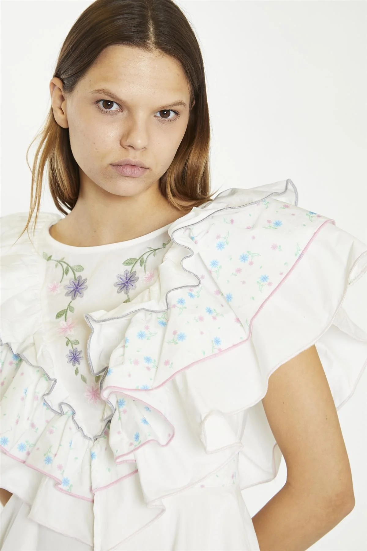 White/Blue/Pink Ditsy-Mix Tiered-Frill Mini-Dress - Image 4