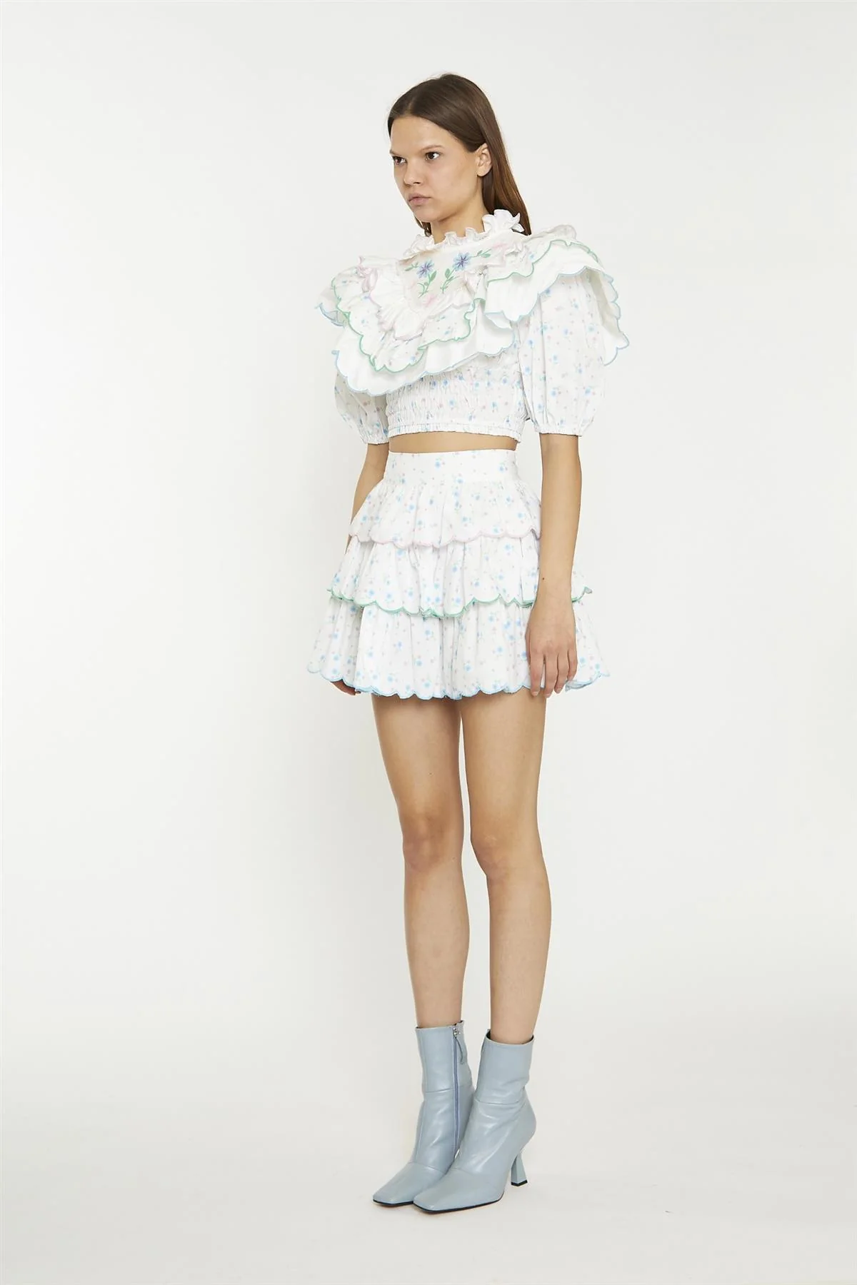 White Blue Pink Ditsy Tiered Mini-Skirt - Image 3