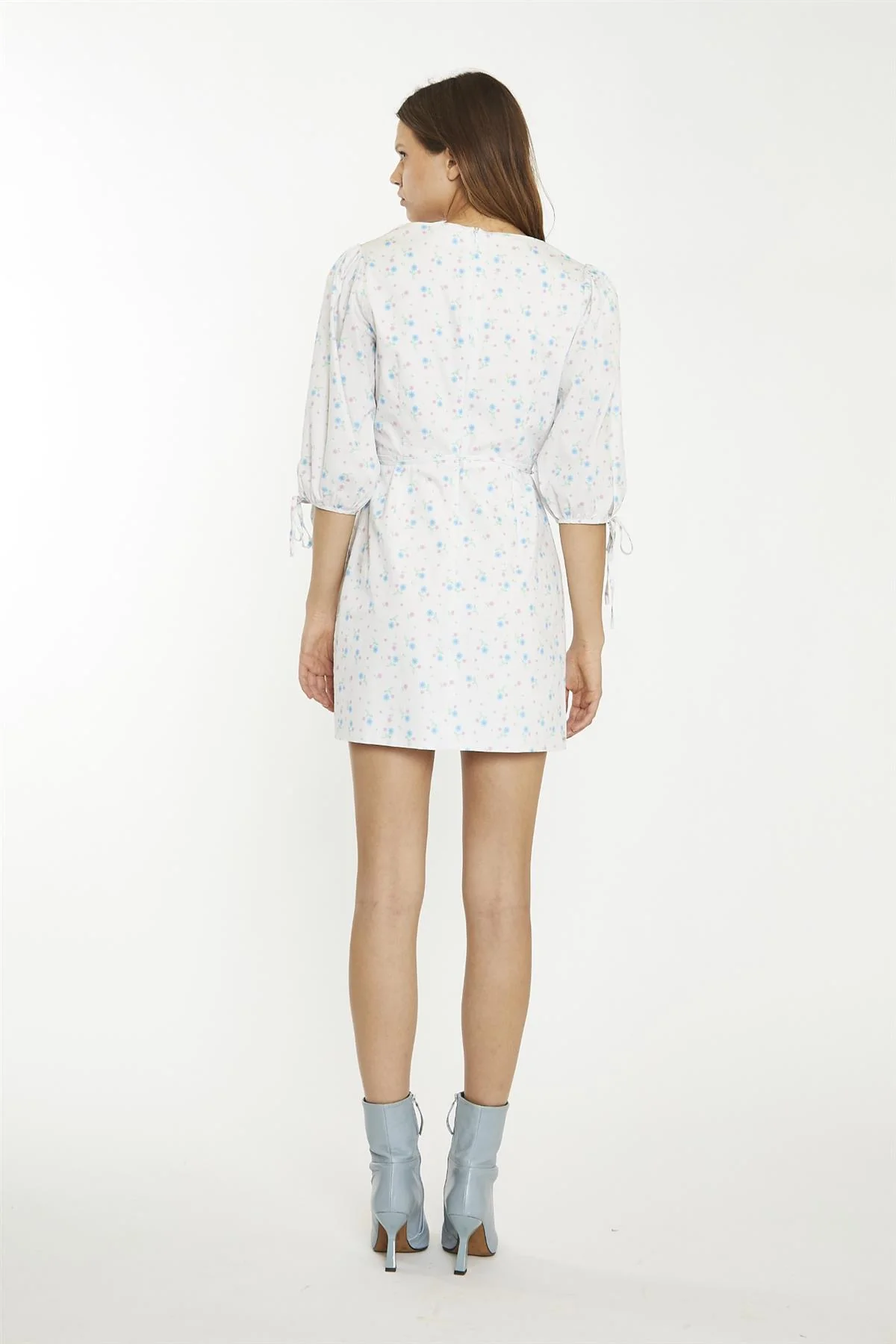 White-Blue-Pink Ditsy Wrap Tie Mini-Dress - Image 2