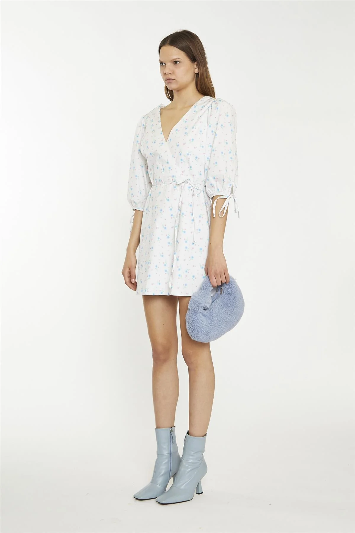 White-Blue-Pink Ditsy Wrap Tie Mini-Dress - Image 3