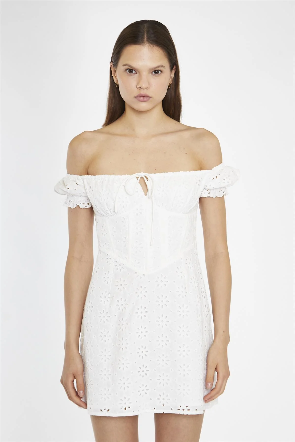 White-Broderie Bardot Corset Mini-Dress - Image 6
