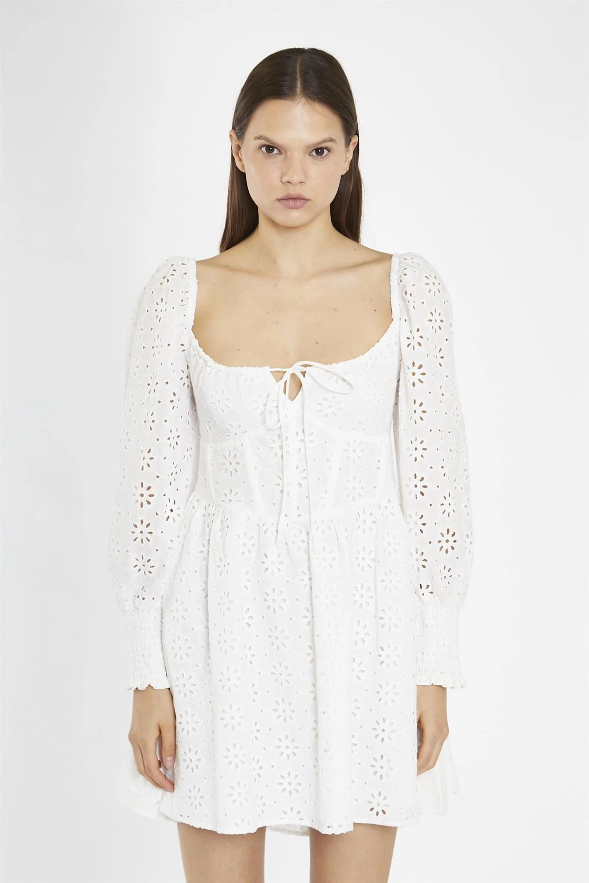 White-Broderie Lace-Up Corset Mini-Dress - Image 3