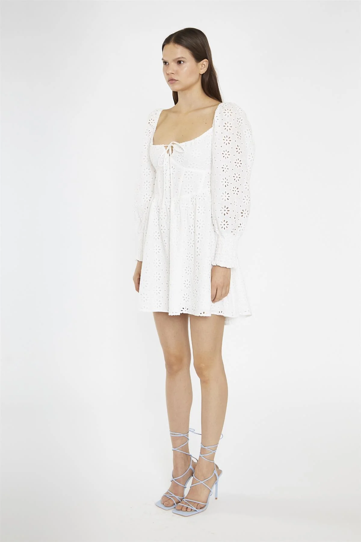 White-Broderie Lace-Up Corset Mini-Dress - Image 4
