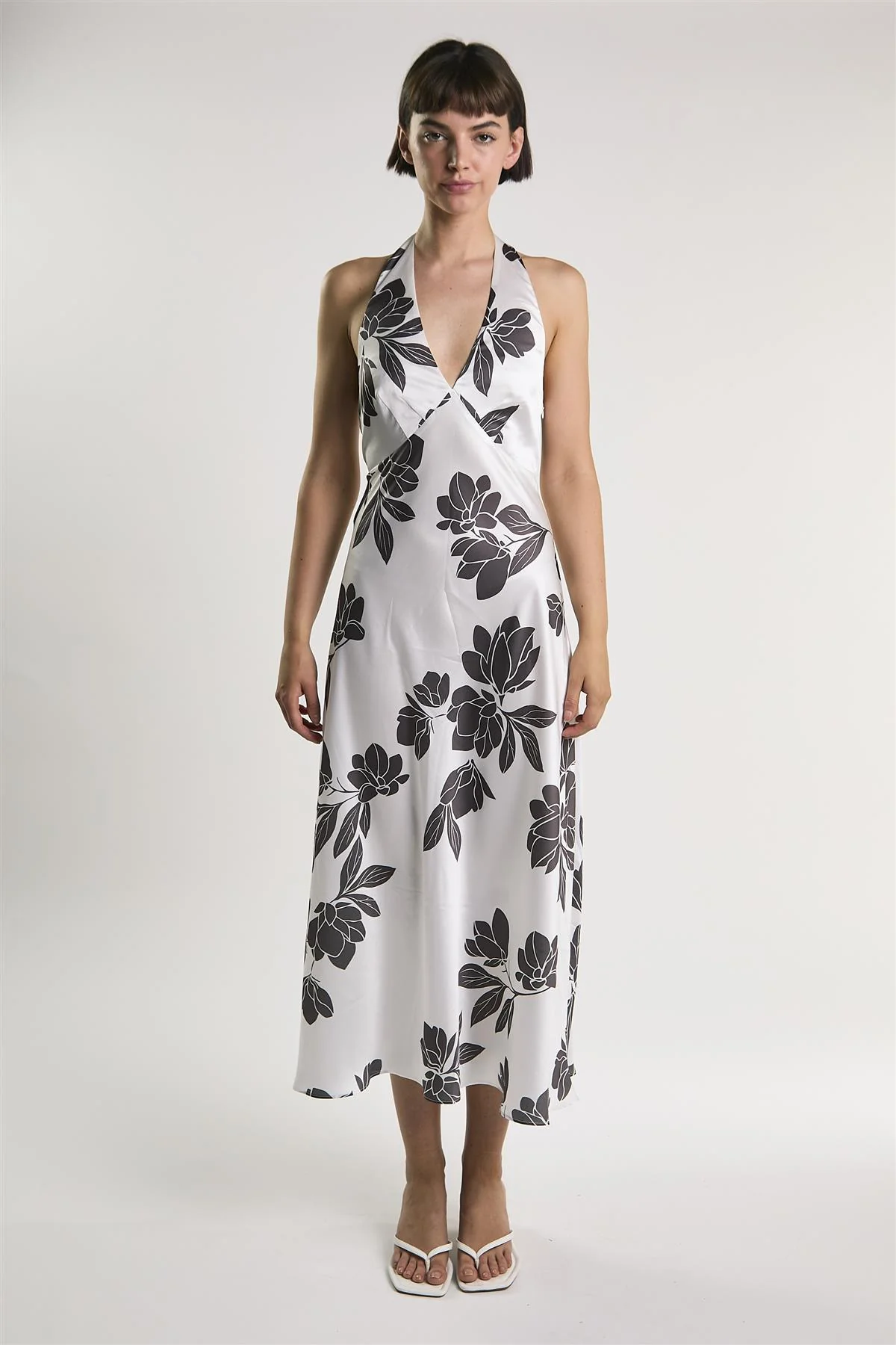 White Brown Floral Halter Neck Midaxi Dress