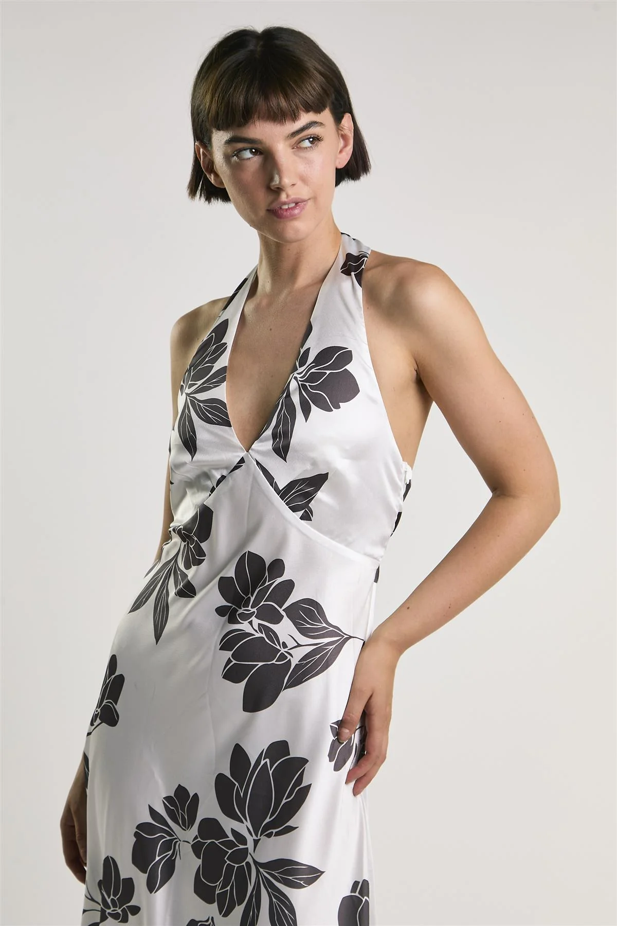 White Brown Floral Halter Neck Midaxi Dress - Image 2