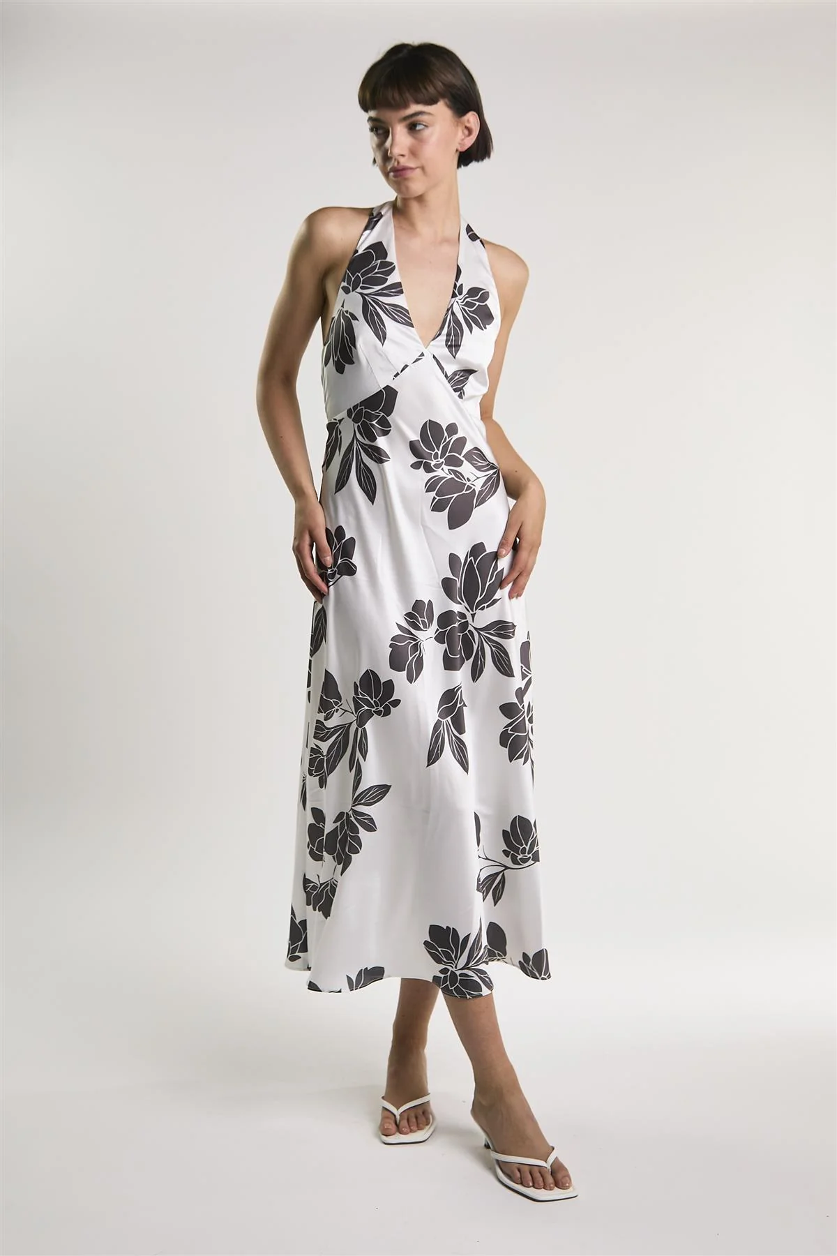 White Brown Floral Halter Neck Midaxi Dress - Image 3
