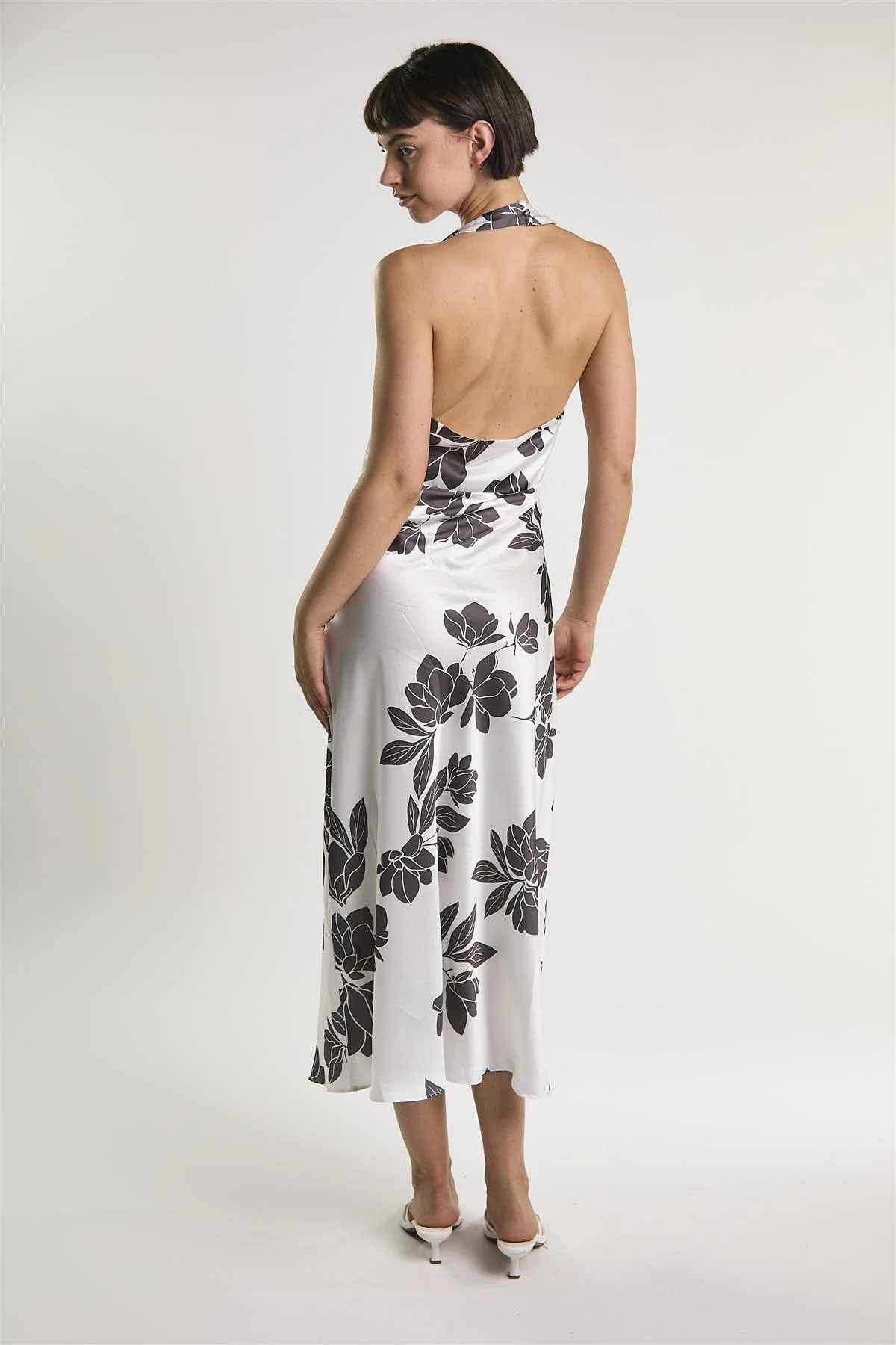 White Brown Floral Halter Neck Midaxi Dress - Image 4