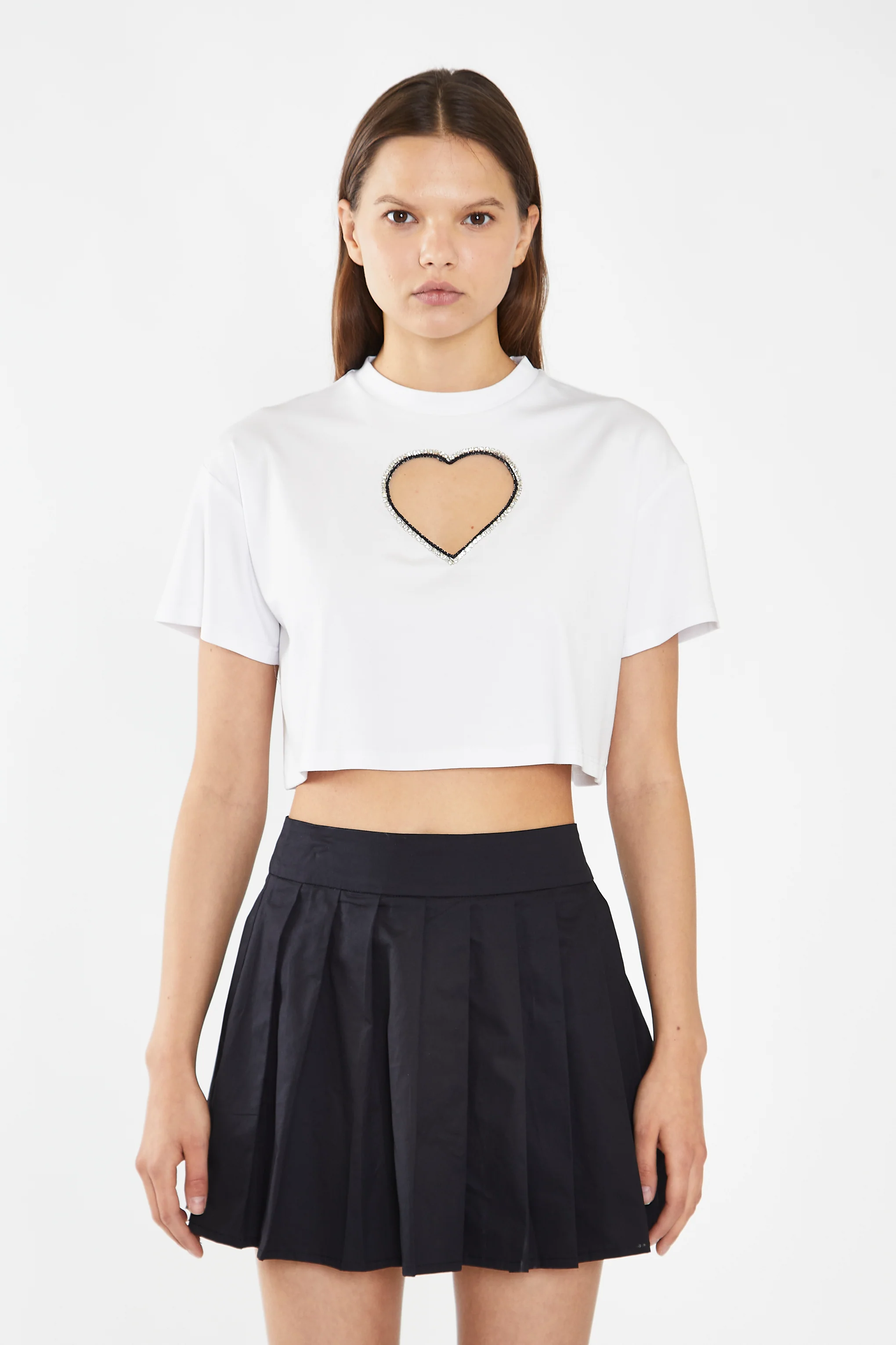 White Embellished Heart Cut-Out Crop-Top - Image 3