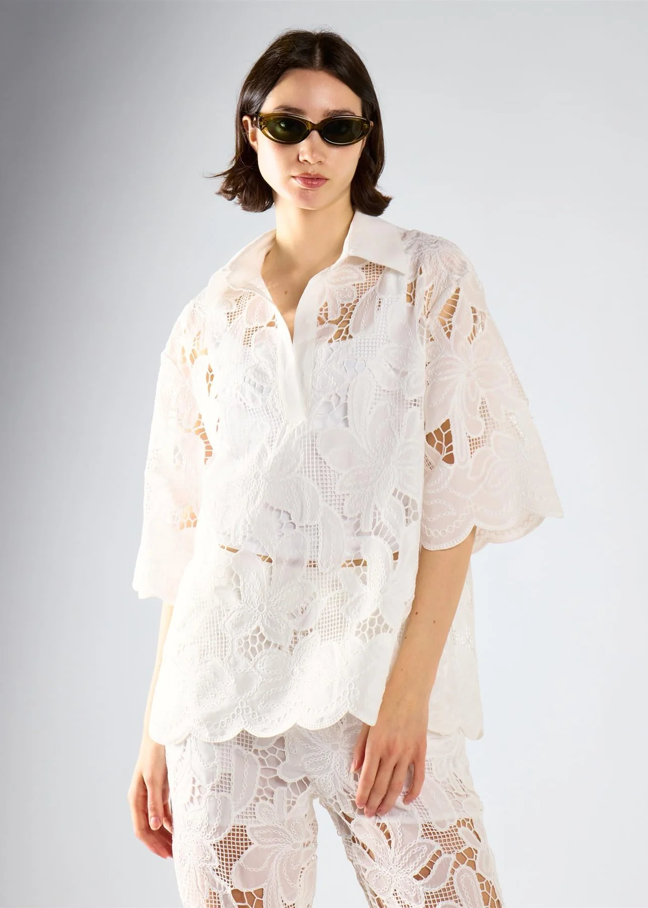 White Embroidered Flare Short Sleeve Shirt - Image 3