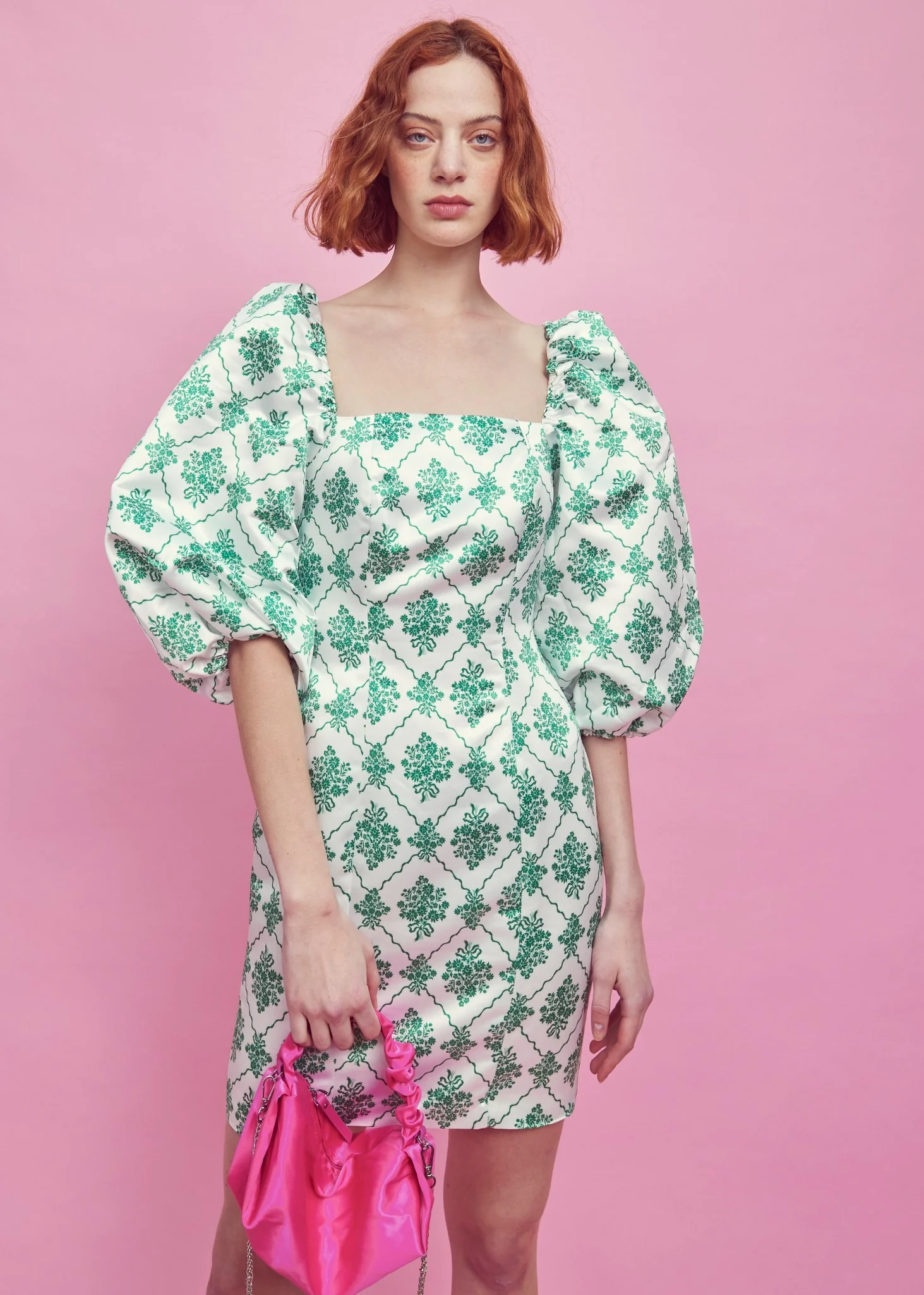 White-Green Damask Puff Sleeve Mini Dress - Image 4