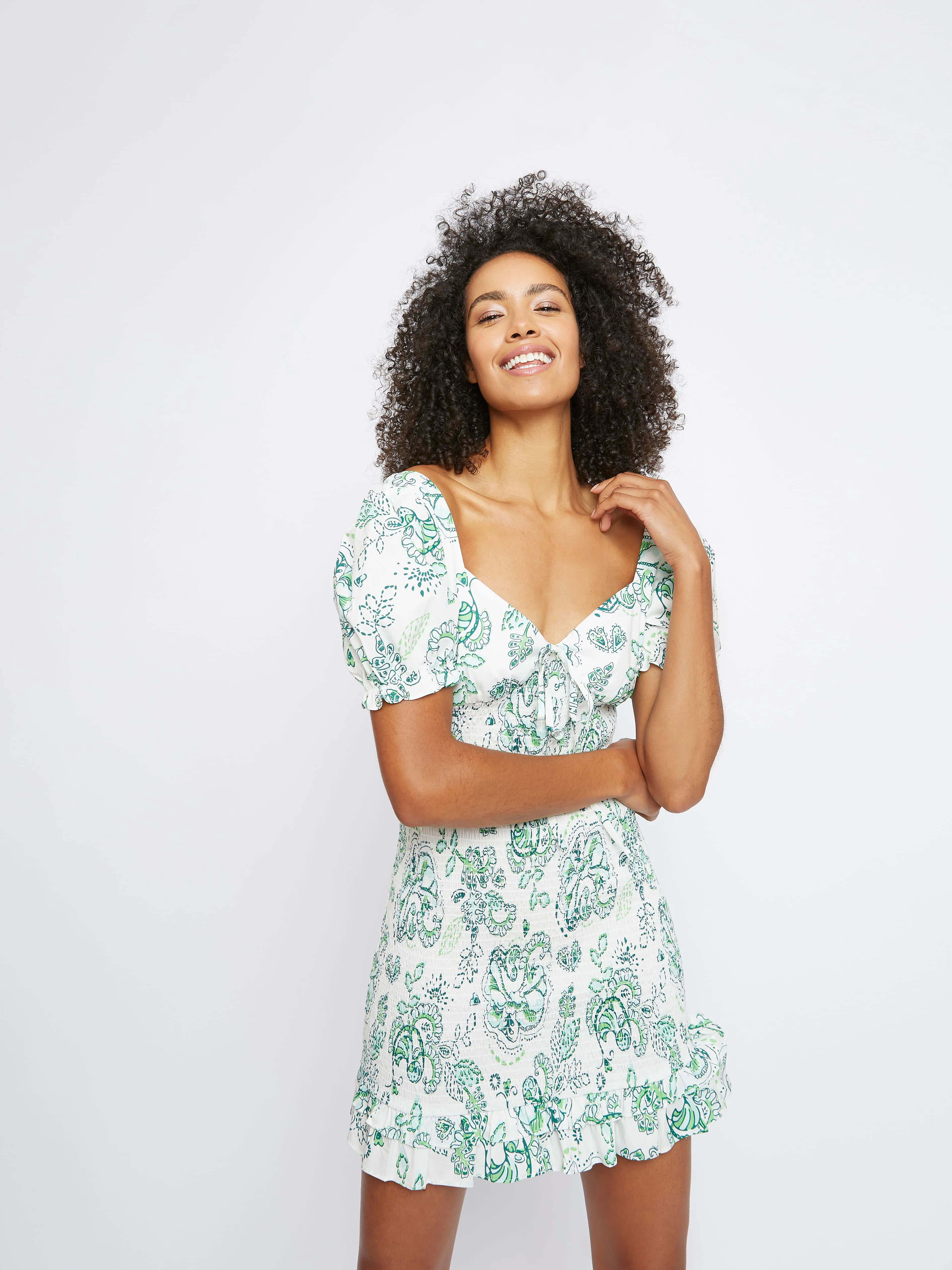 White Green Floral Milkmaid Ruched Dress - Image 2
