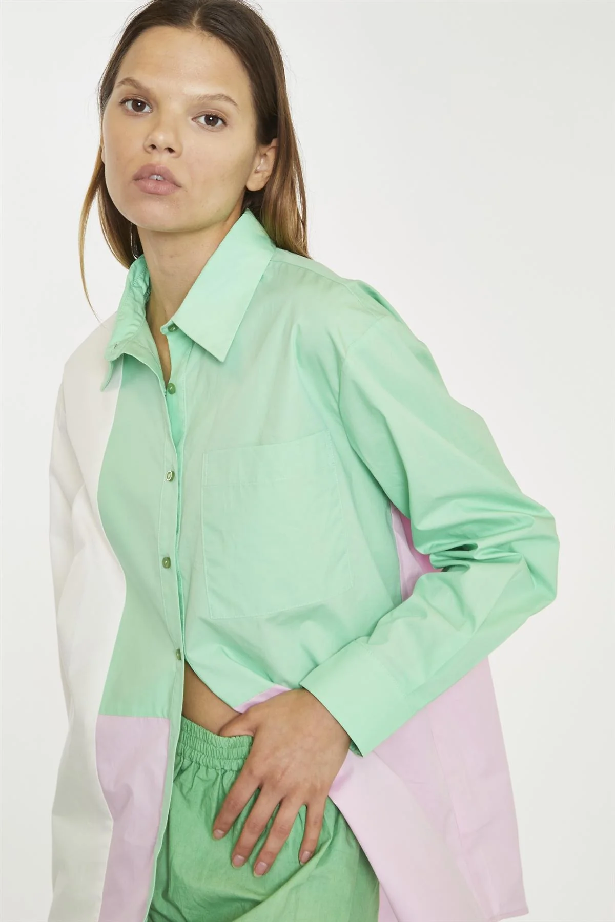 White Green Pink Colour Block Long-Sleeve-Top - Image 3