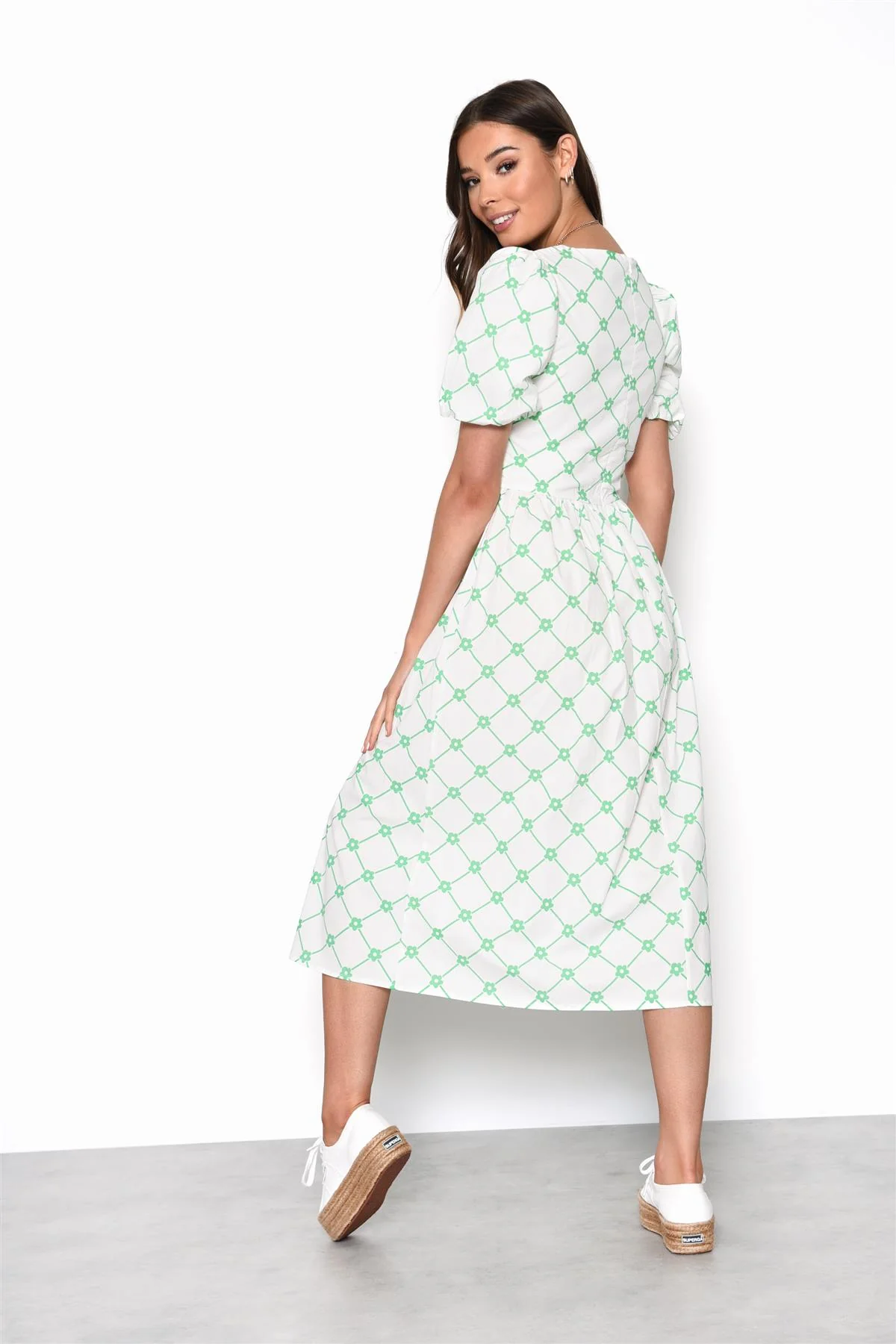 White-Green-Trellis Puff-Sleeve Midi-Dress - Image 2