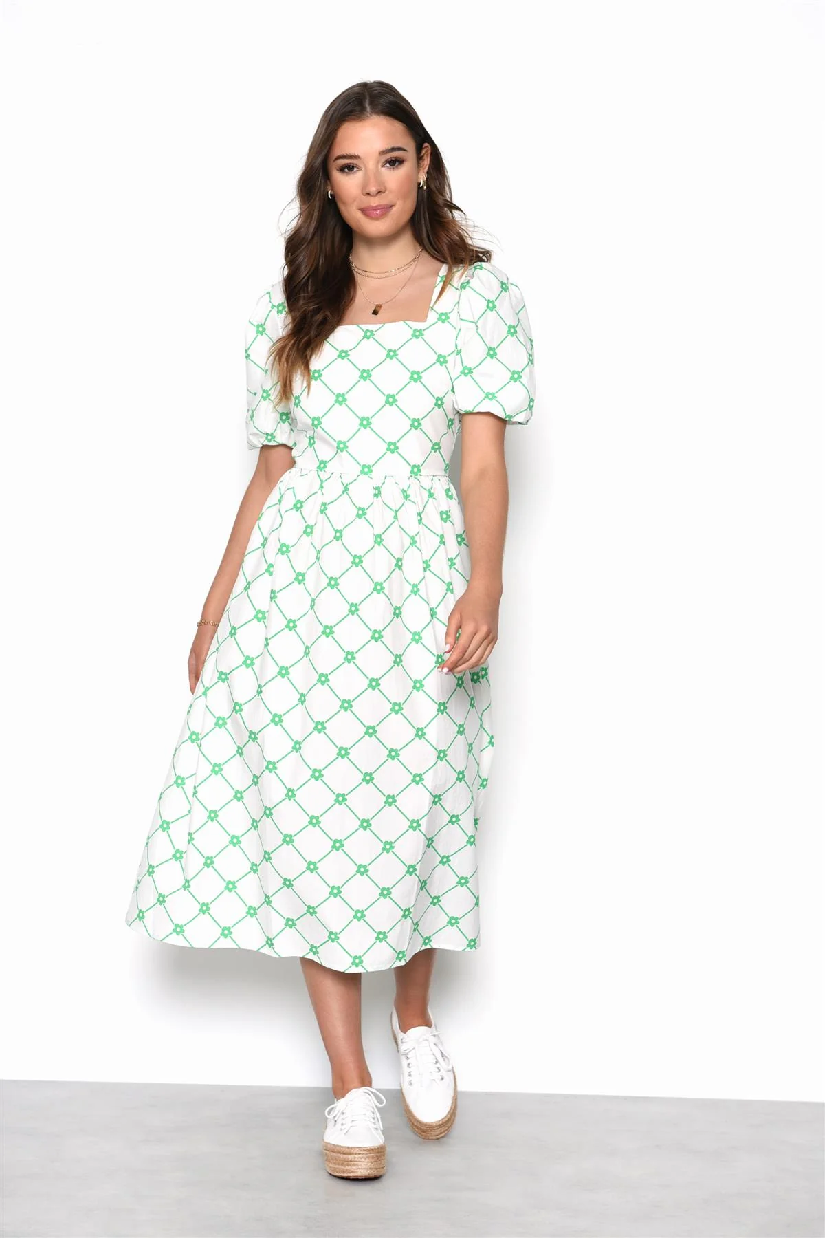 White-Green-Trellis Puff-Sleeve Midi-Dress - Image 3