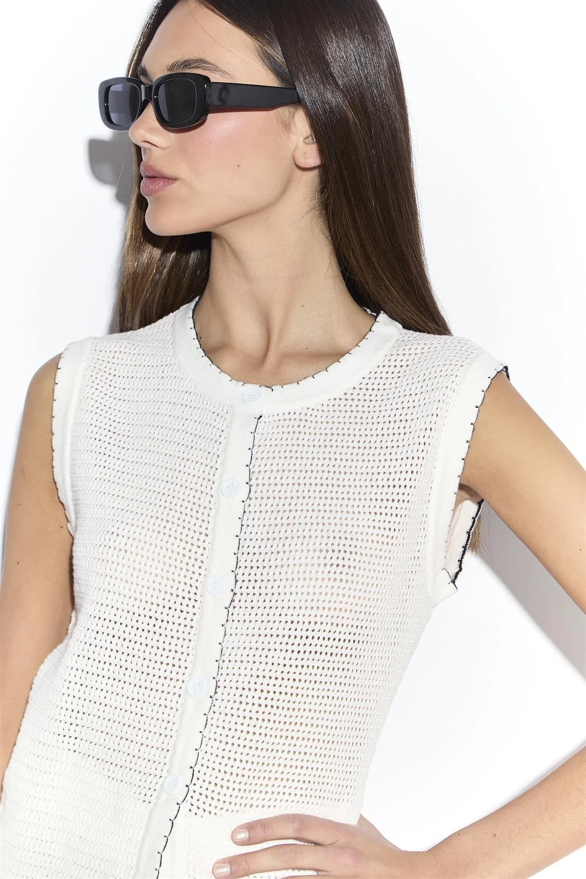 White Knit Top with Contrast Coverstitching - Image 3