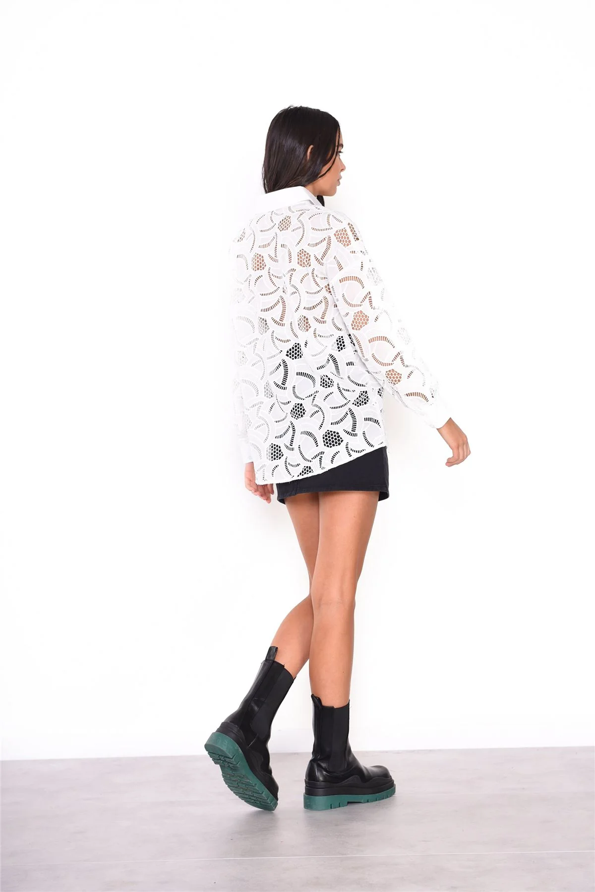 White Long Line Button Detailed Long Sleeve Shirt - Image 3