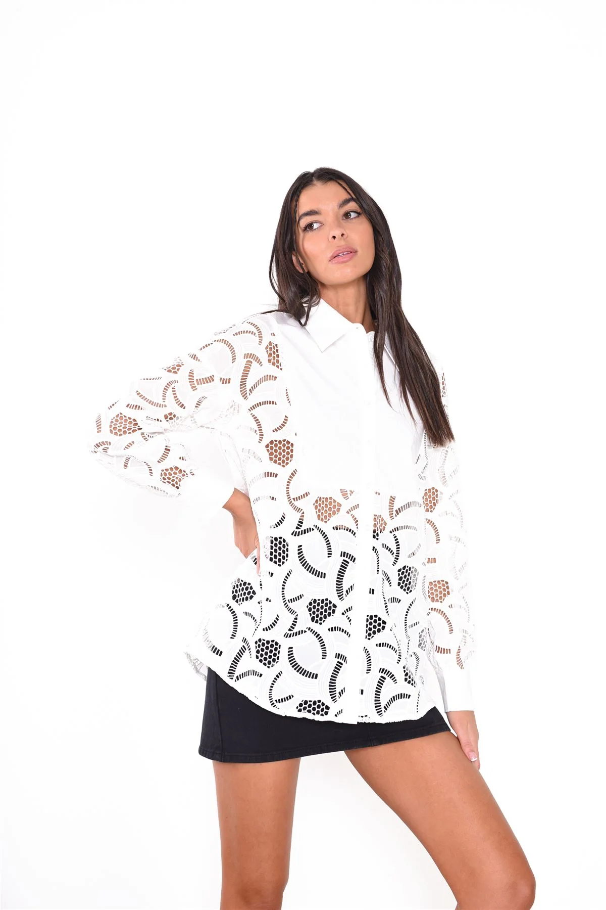 White Long Line Button Detailed Long Sleeve Shirt - Image 4