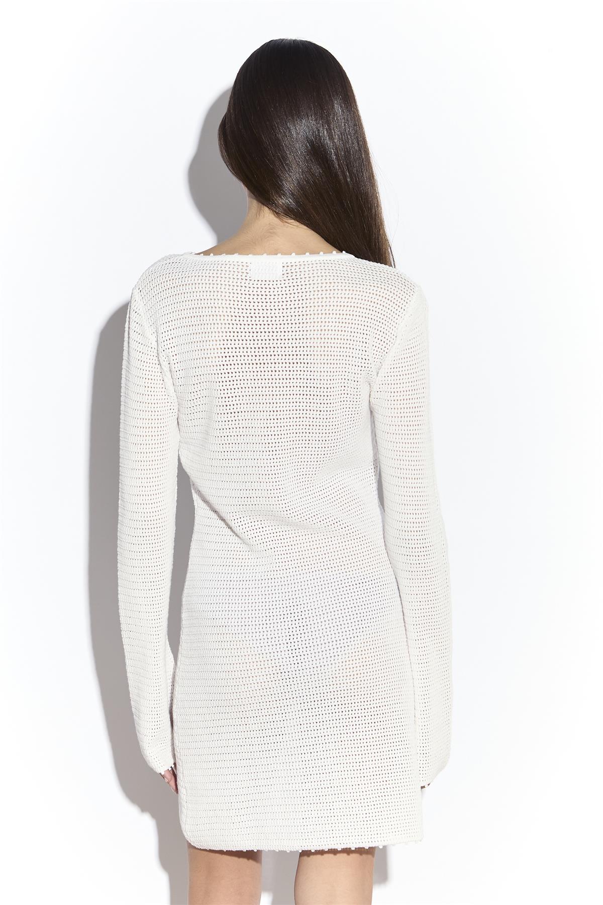 White Long Sleeve Crochet Knit Mini Dress - Image 4