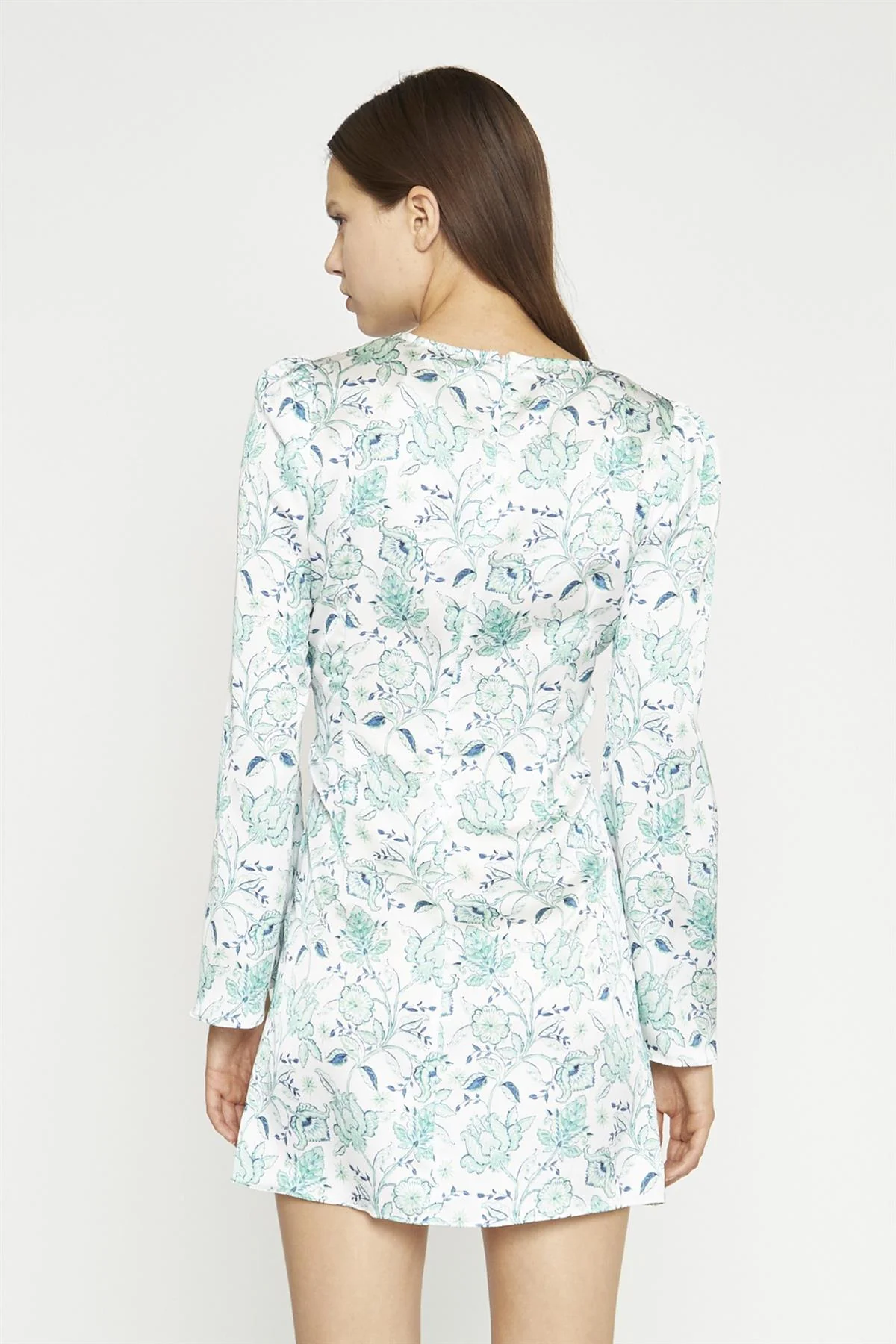 White-Mint Paisley Satin Gathered Keyhole Mini-Dress - Image 5