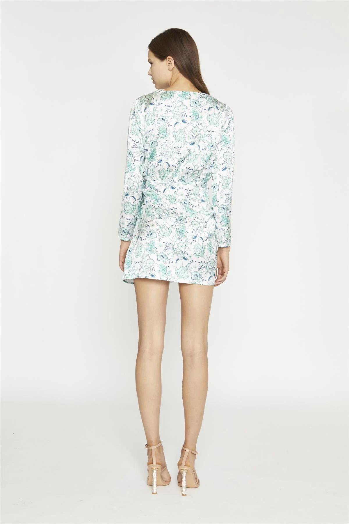 White-Mint Paisley Satin Wrap Mini-Dress - Image 2