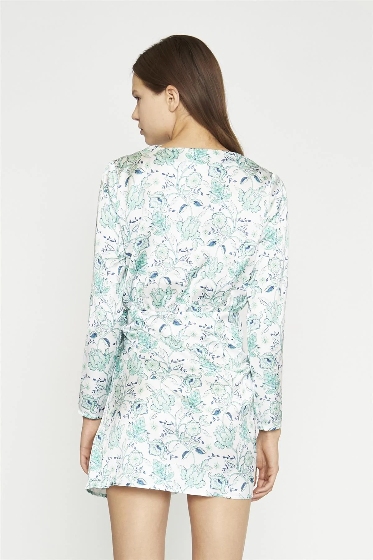 White-Mint Paisley Satin Wrap Mini-Dress - Image 5