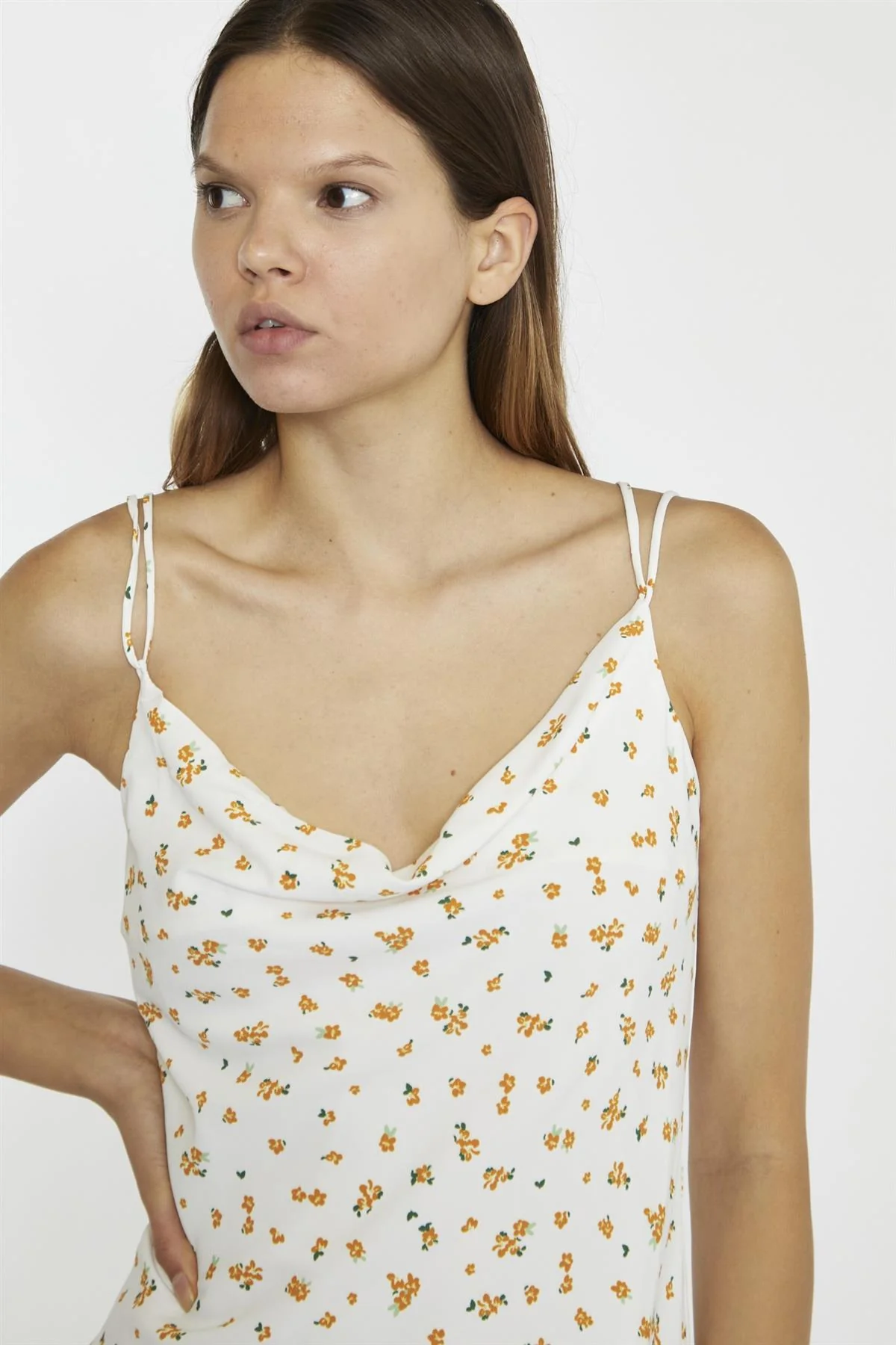 White Orange Ditsy Cowl Neck Mini-Dress - Image 3