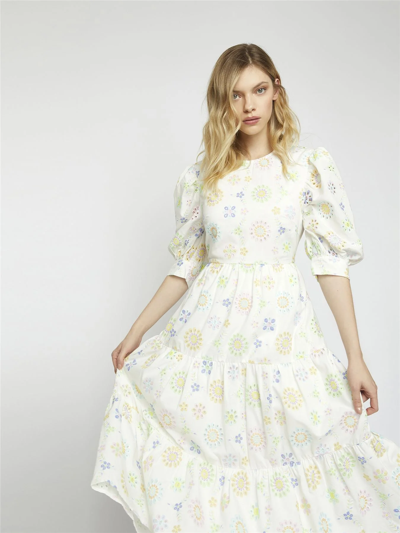 White Pastel Broderie Midi Dress - Image 3