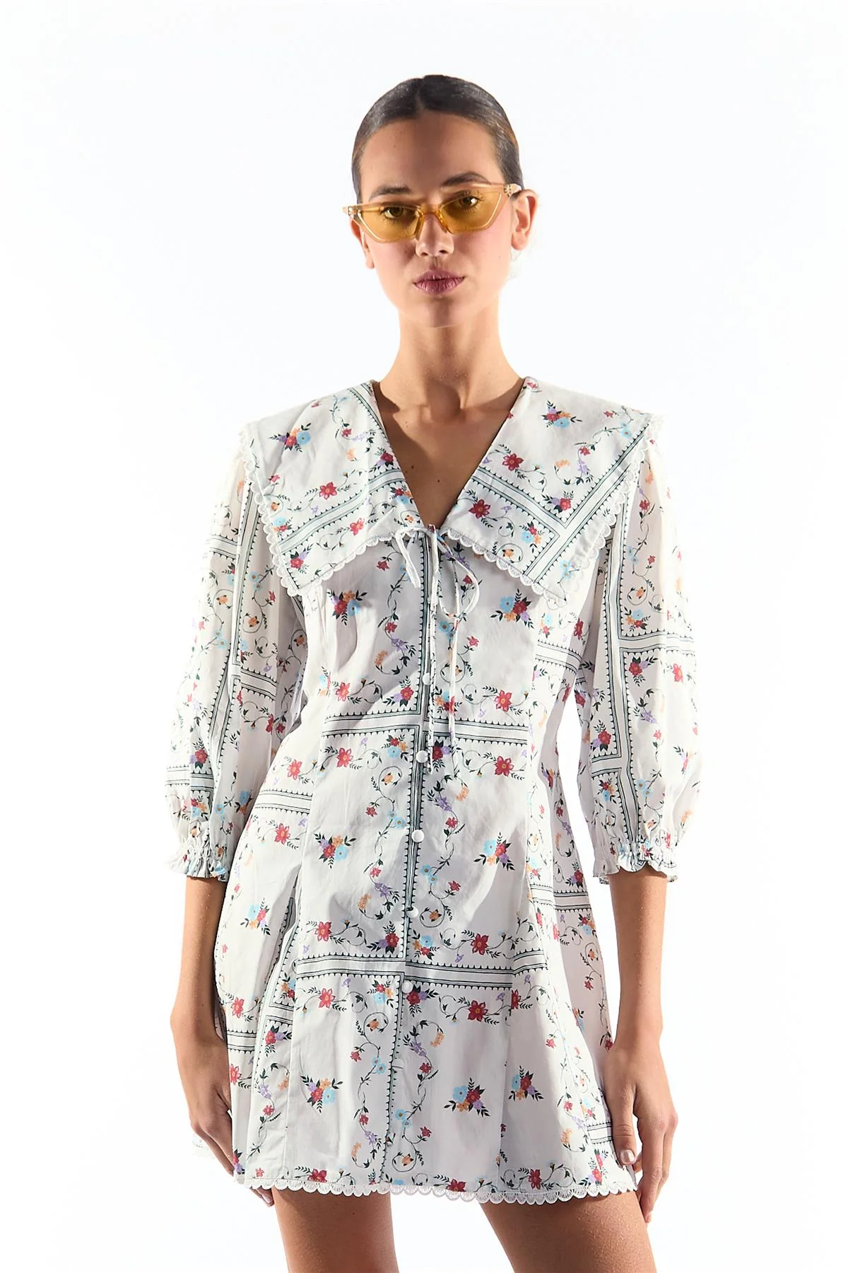 White Picnic Print Button Through Mini Dress - Image 2