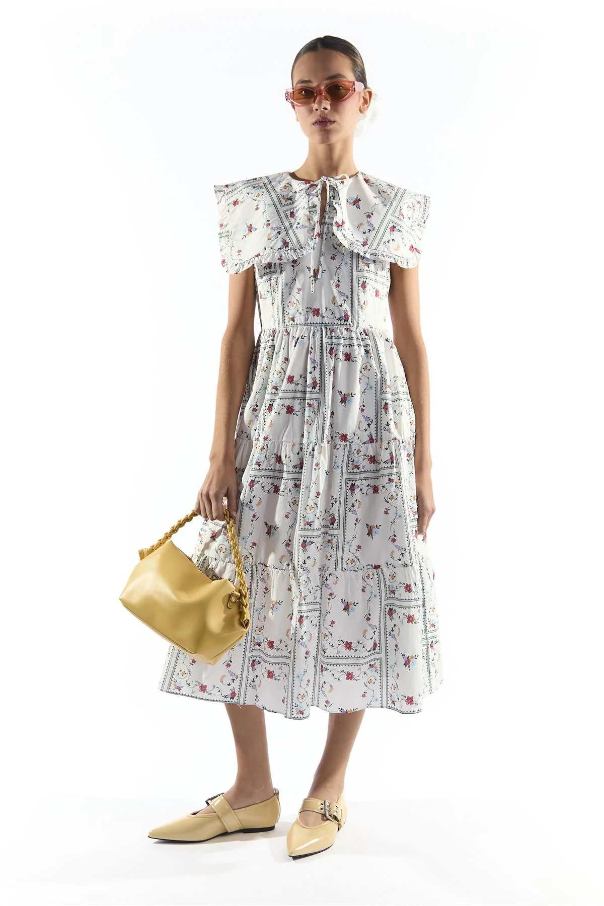 White Picnic Print Oversized Collar Tiered Midi Dress - Image 3