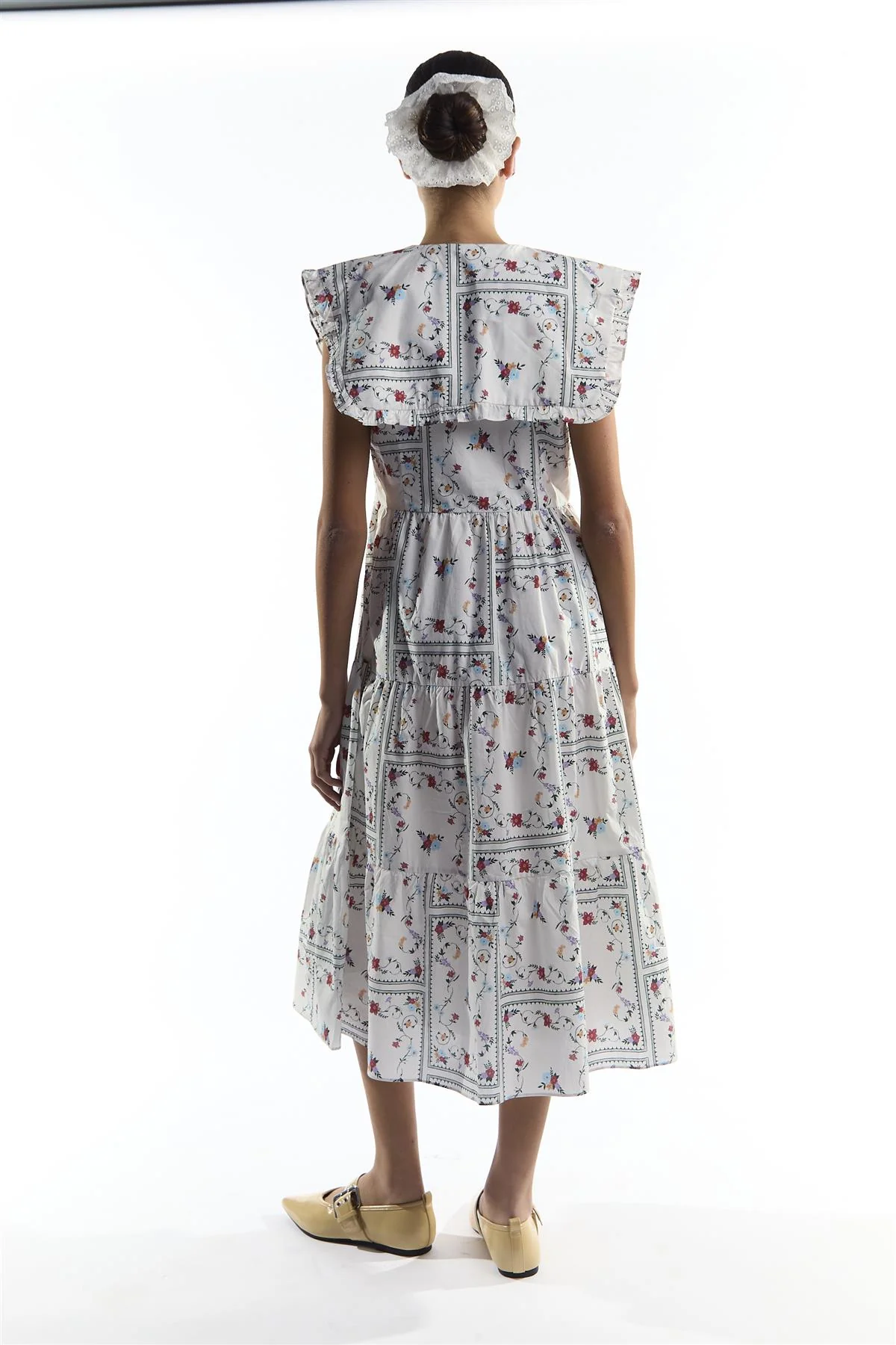 White Picnic Print Oversized Collar Tiered Midi Dress - Image 4