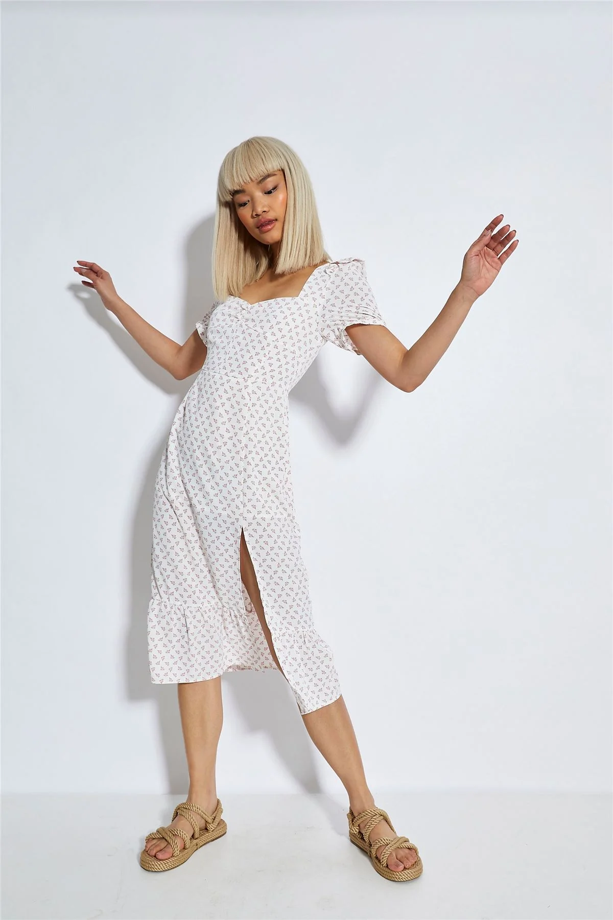 White Pink Cluster Side Split Midi Dress - Image 2