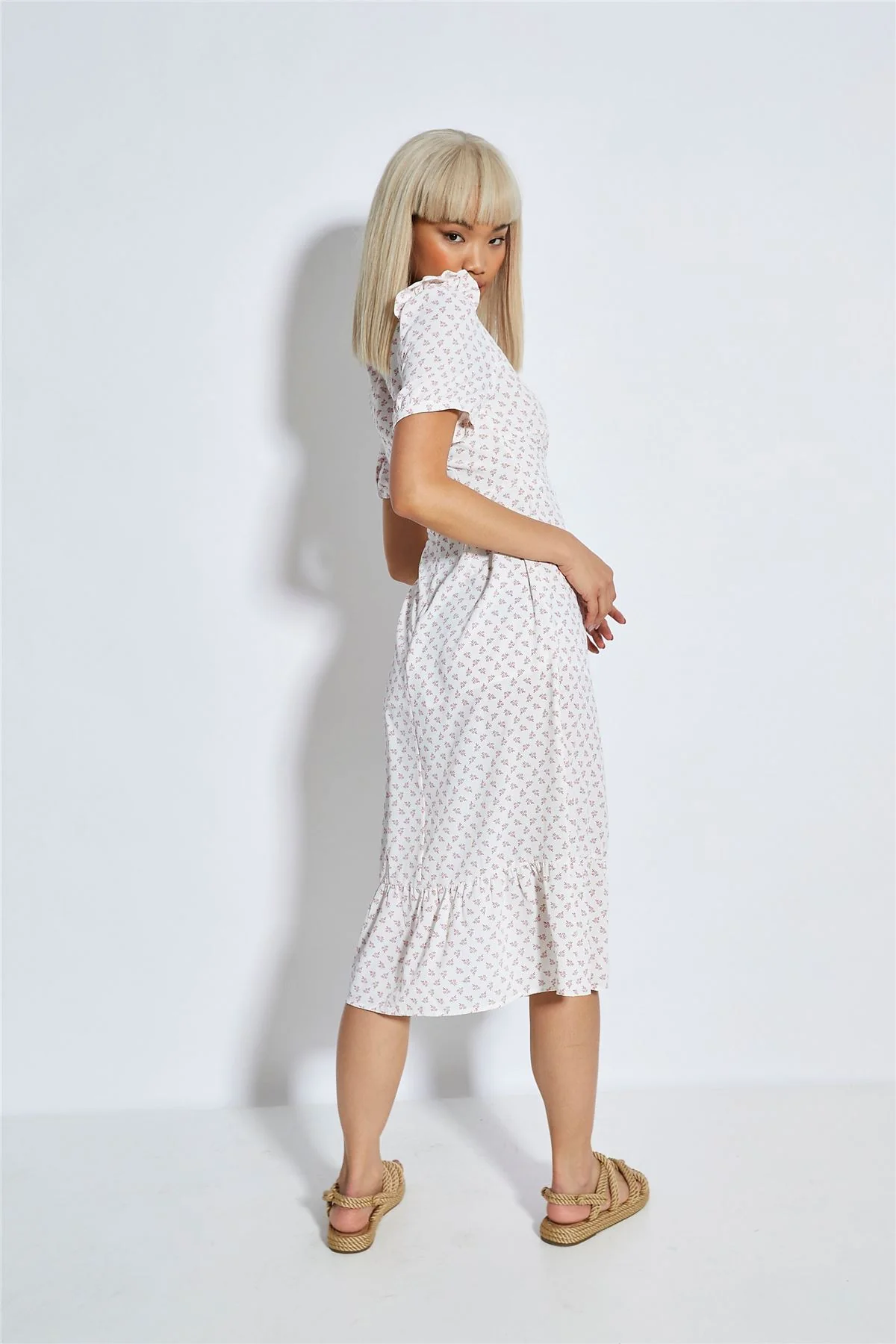 White Pink Cluster Side Split Midi Dress - Image 3