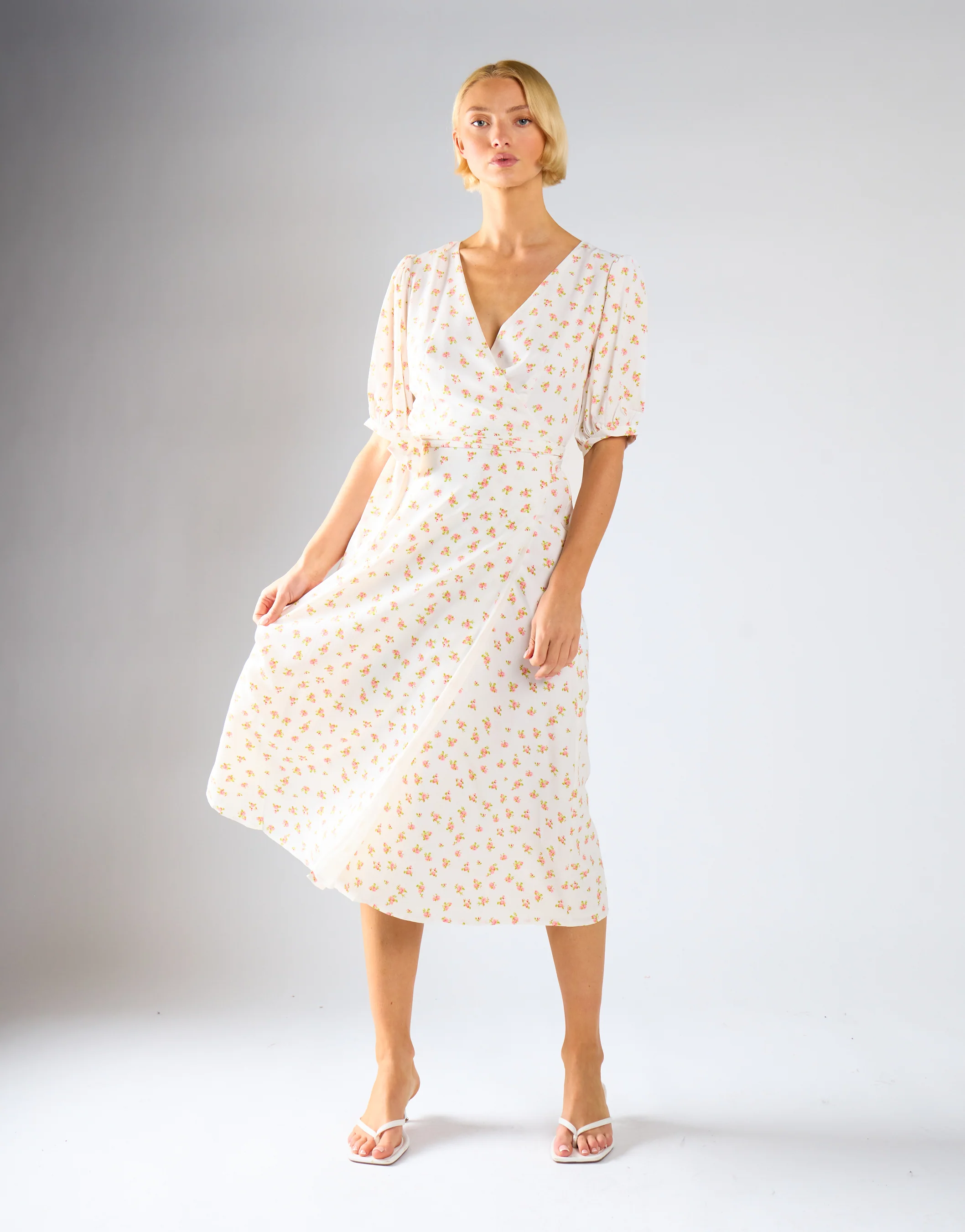 White Pink Ditsy V-neck Wrap Midi-Dress