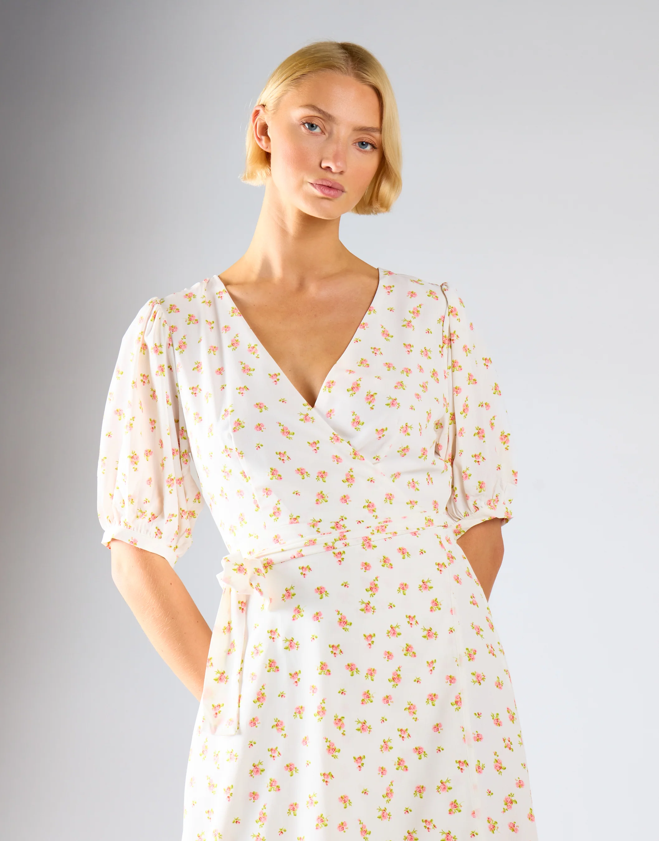 White Pink Ditsy V-neck Wrap Midi-Dress - Image 2