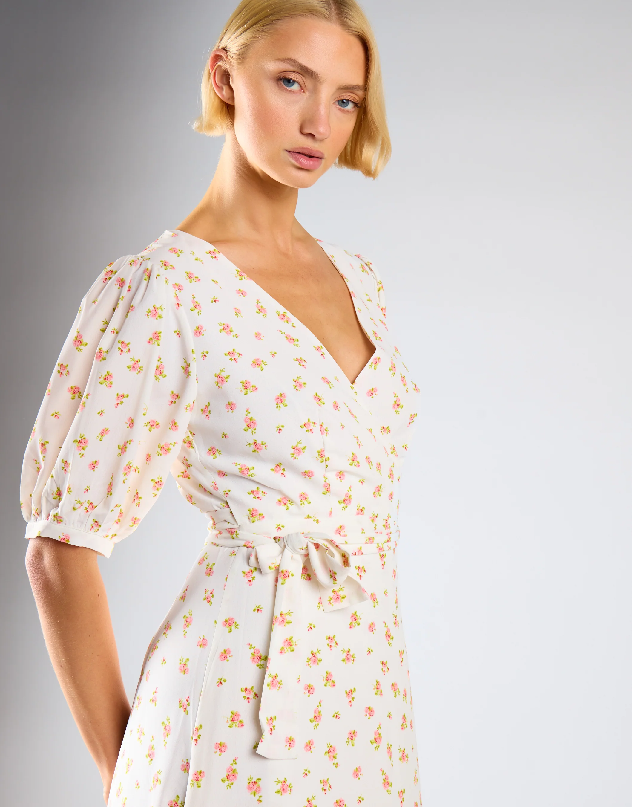 White Pink Ditsy V-neck Wrap Midi-Dress - Image 3