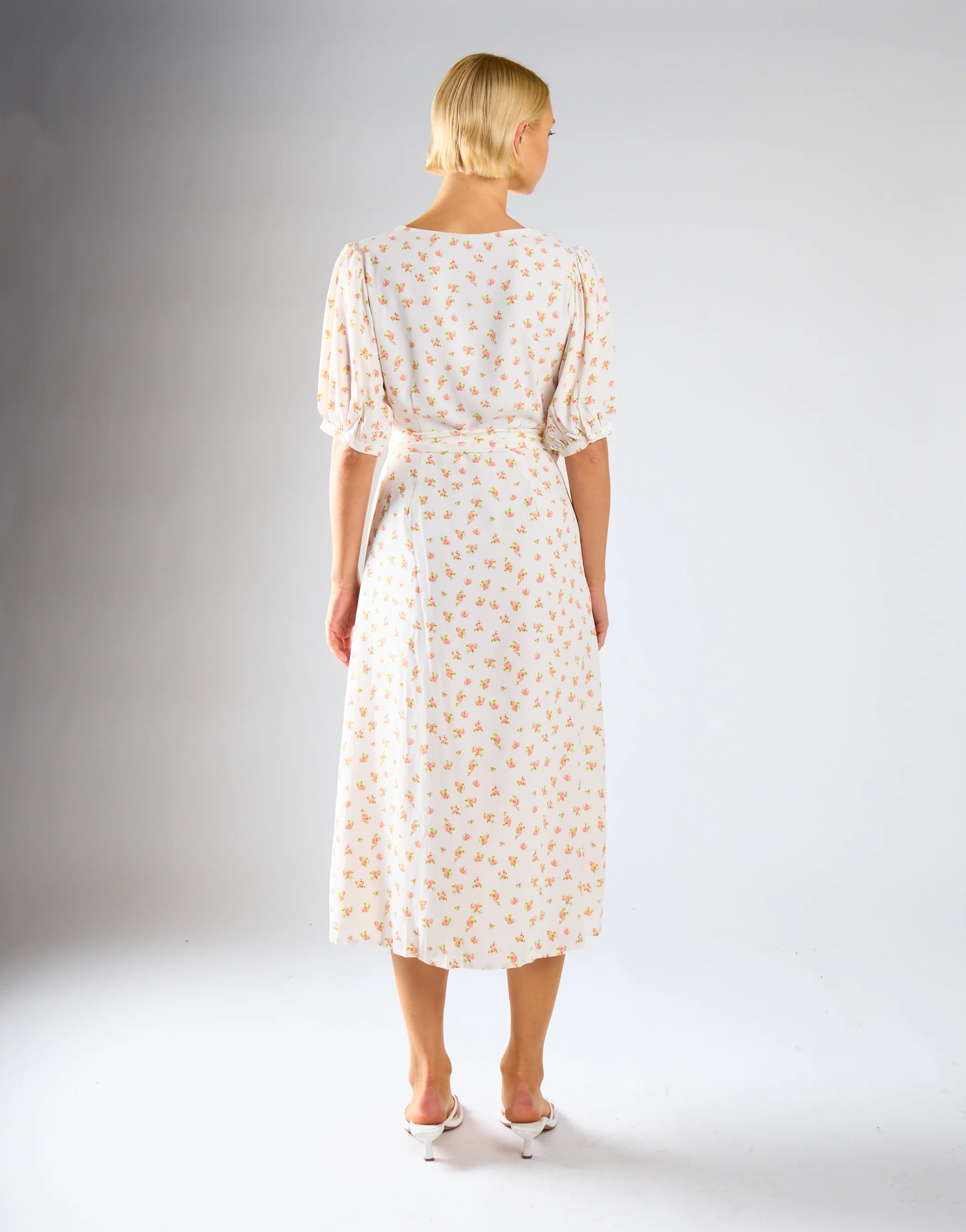 White Pink Ditsy V-neck Wrap Midi-Dress - Image 4
