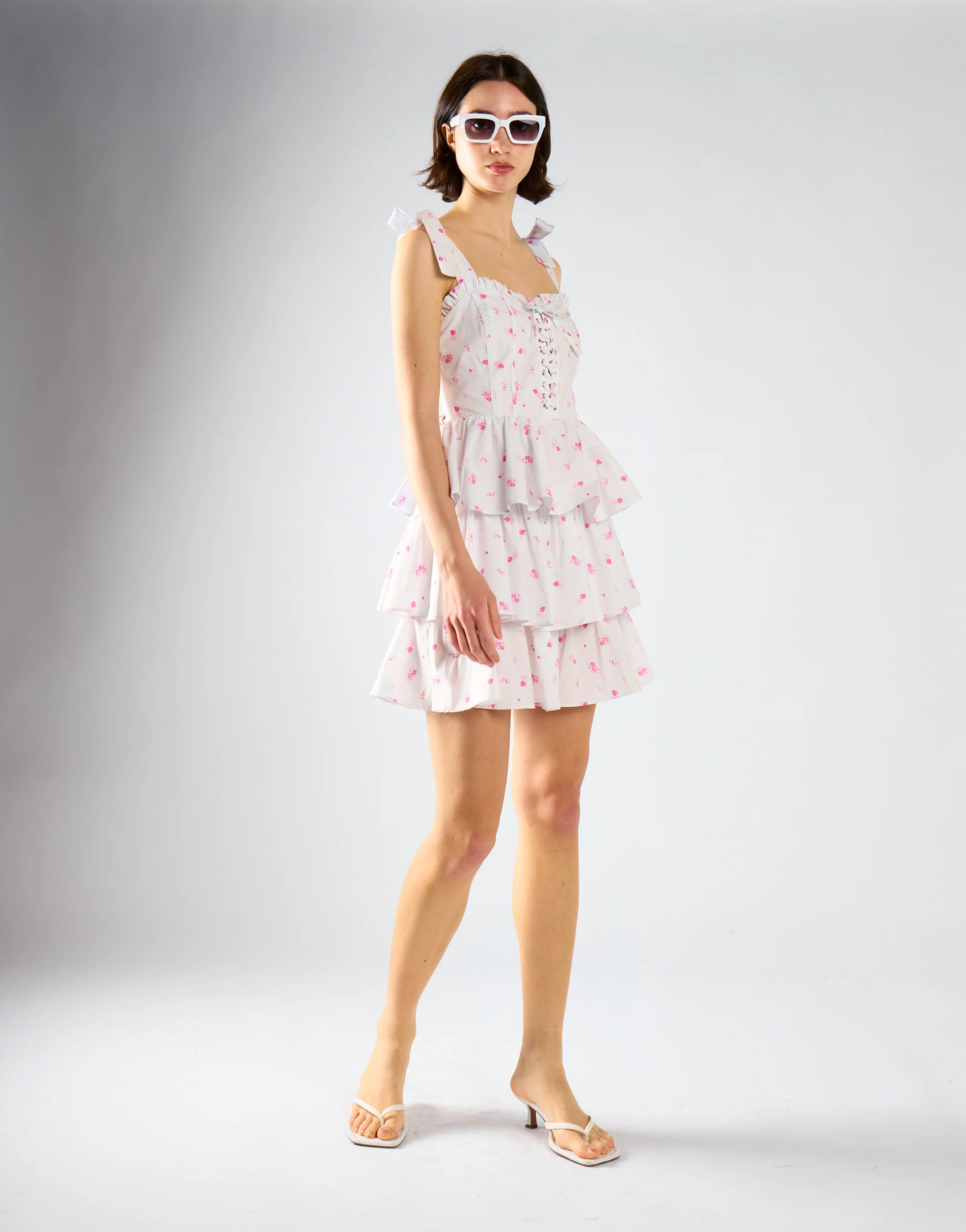 White Pink Floral Tiered Corset Mini Dress