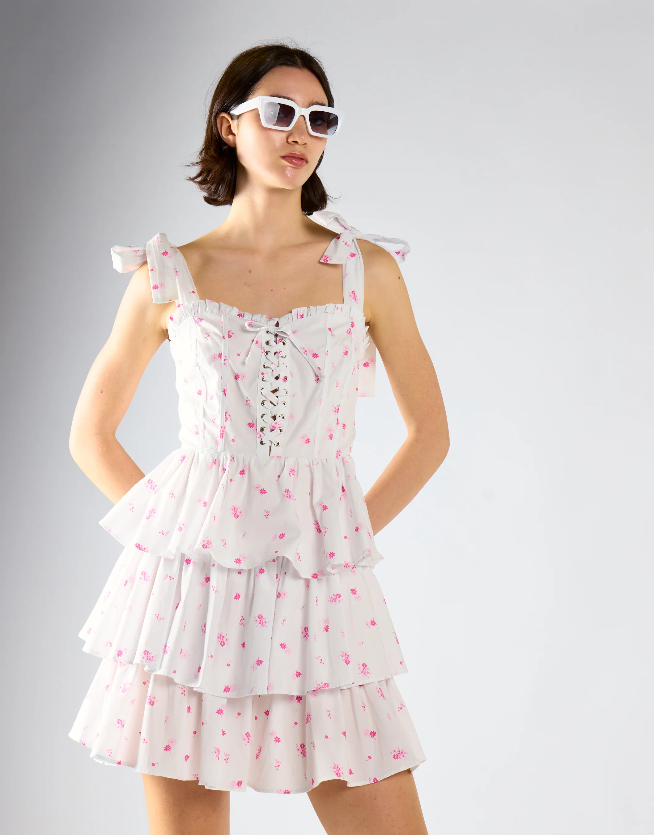 White Pink Floral Tiered Corset Mini Dress - Image 3