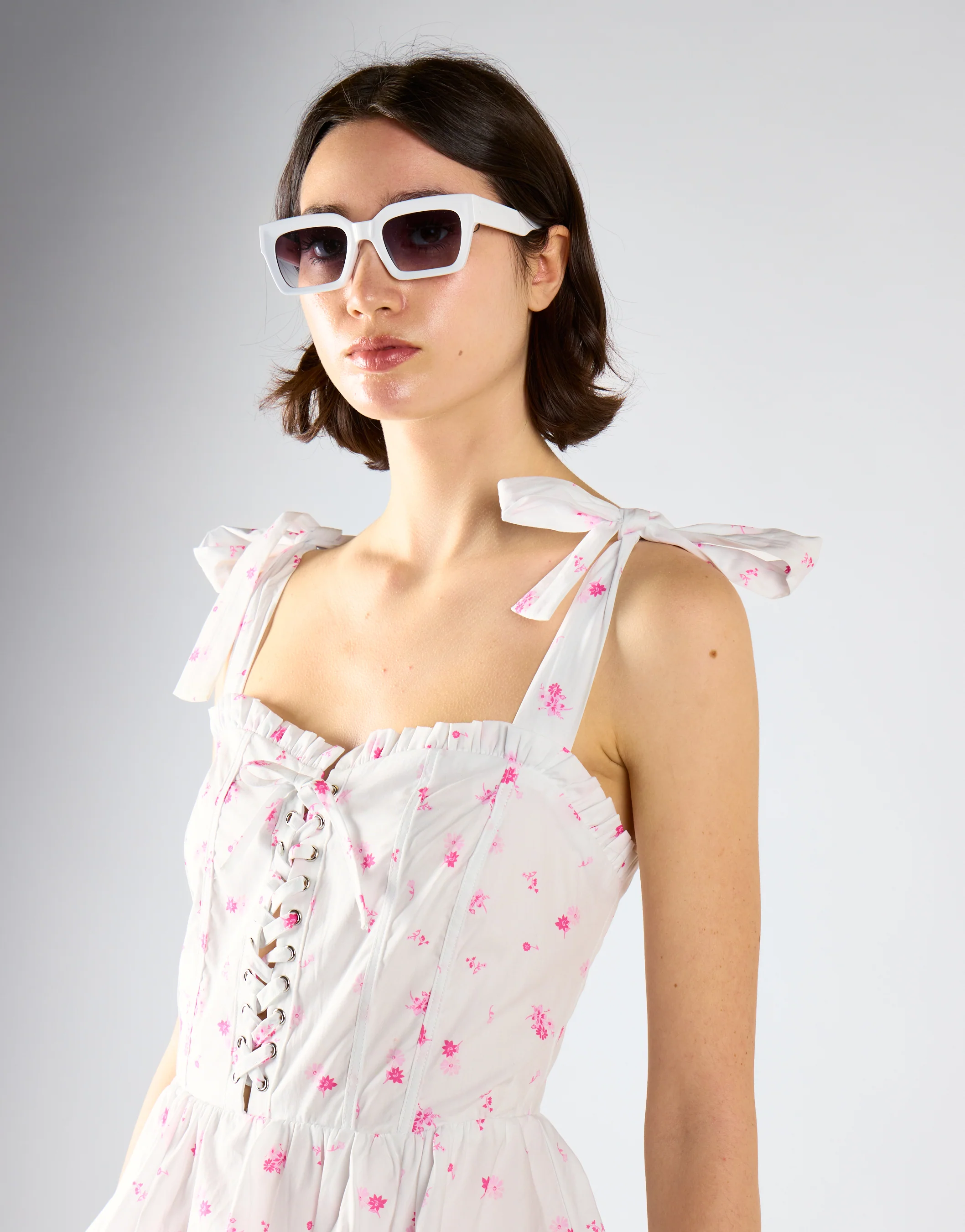 White Pink Floral Tiered Corset Mini Dress - Image 4