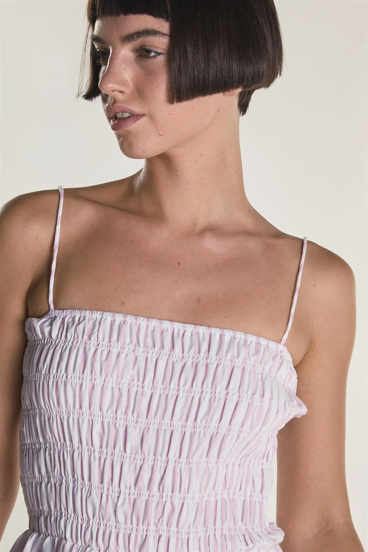White Pink Stripe Strappy Shirring Maxi Dress - Image 3