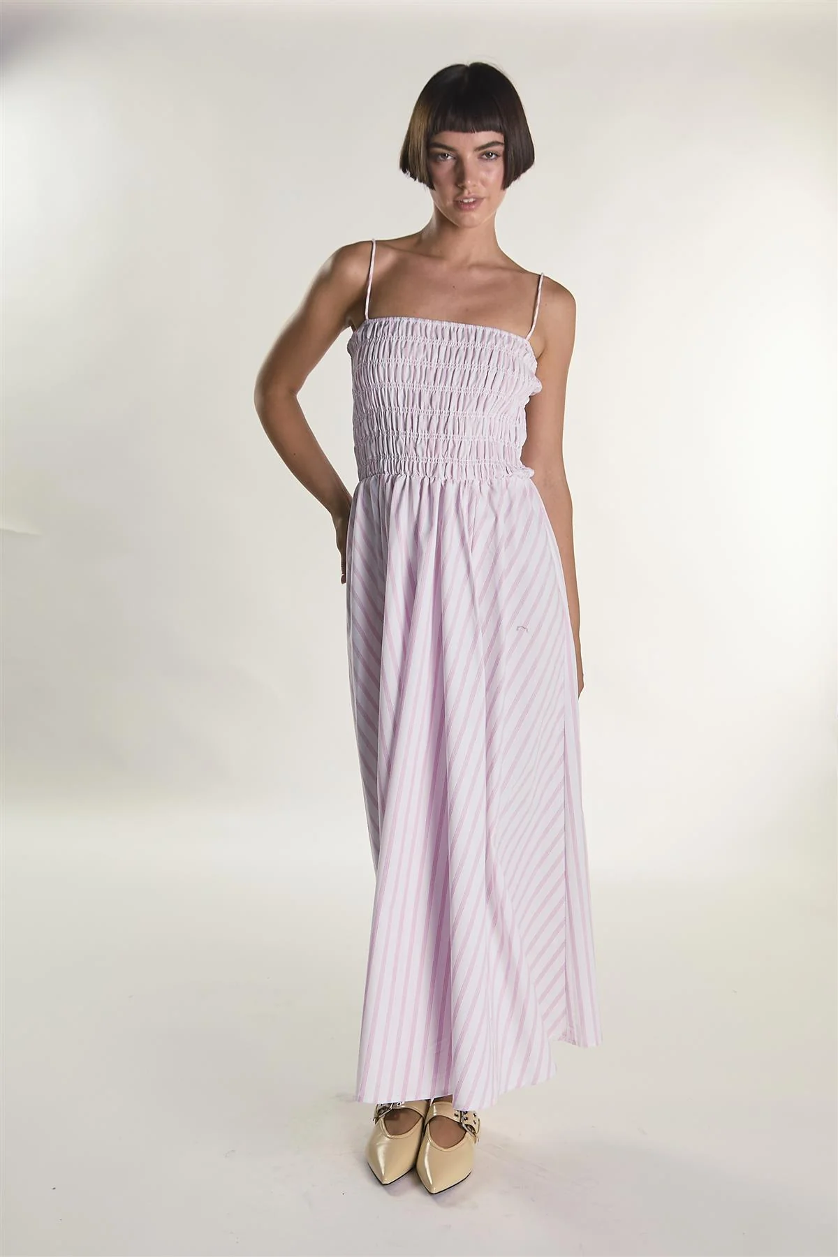 White Pink Stripe Strappy Shirring Maxi Dress - Image 4