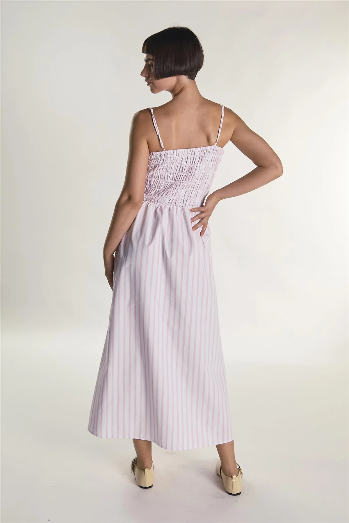 White Pink Stripe Strappy Shirring Maxi Dress - Image 5