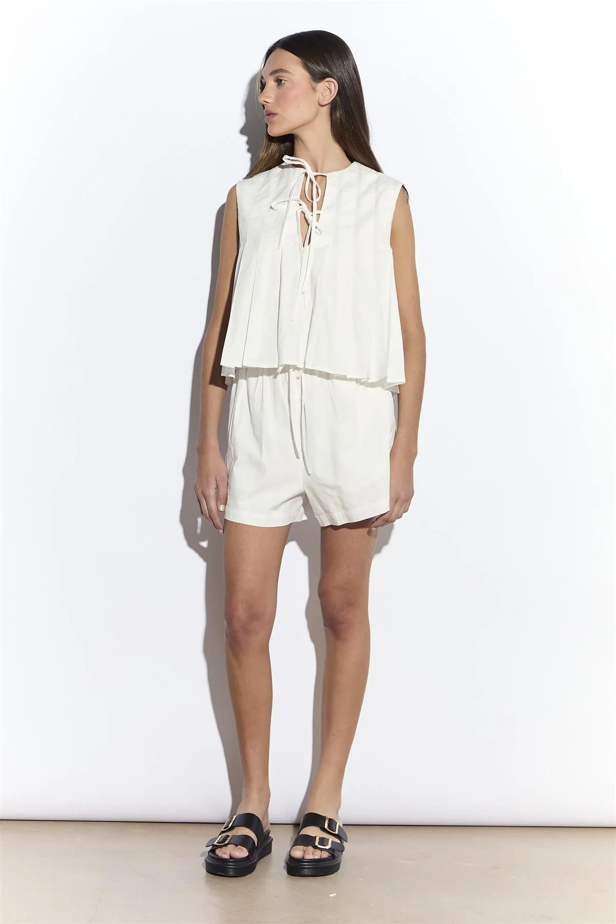 White Pleated Tie Front Blouse