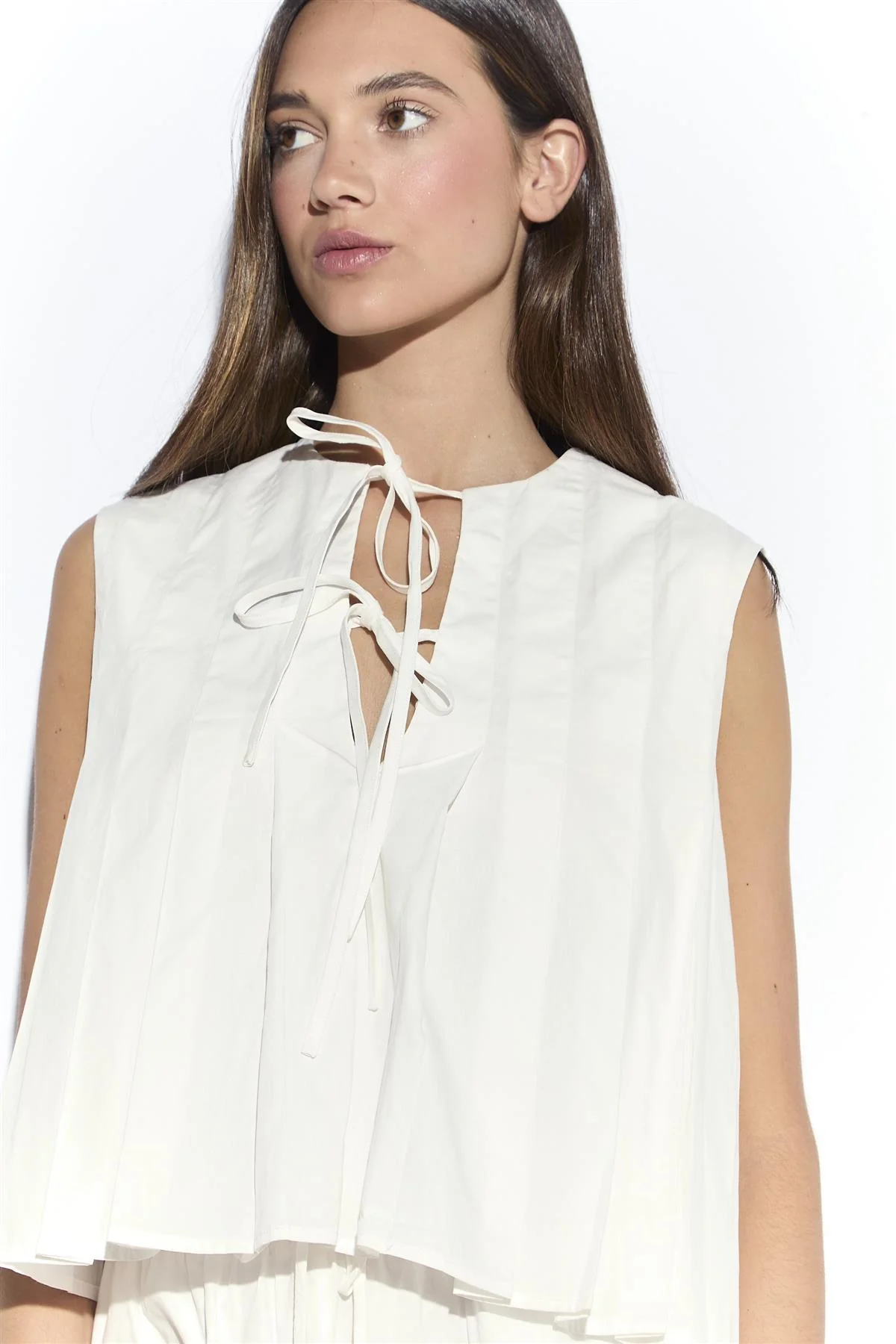 White Pleated Tie Front Blouse - Image 2