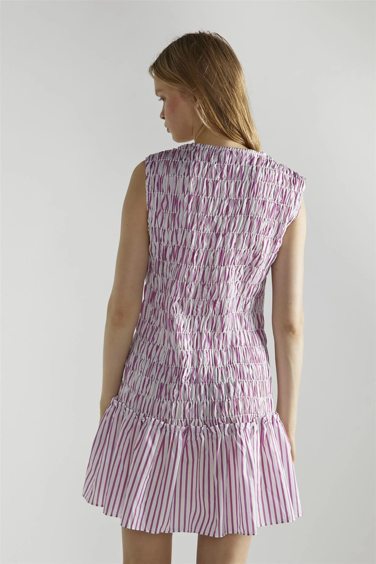 White Purple Stripe Shirred V-Neck Mini-Dress - Image 2
