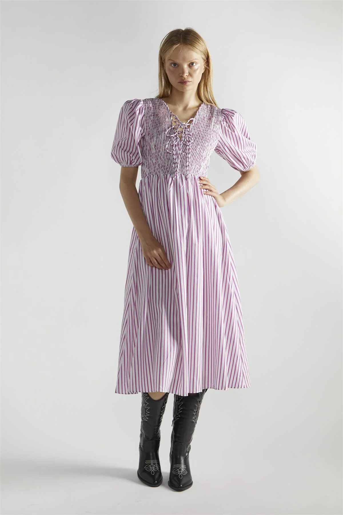 White-Purple-Stripe Tie-Front Midi-Dresses