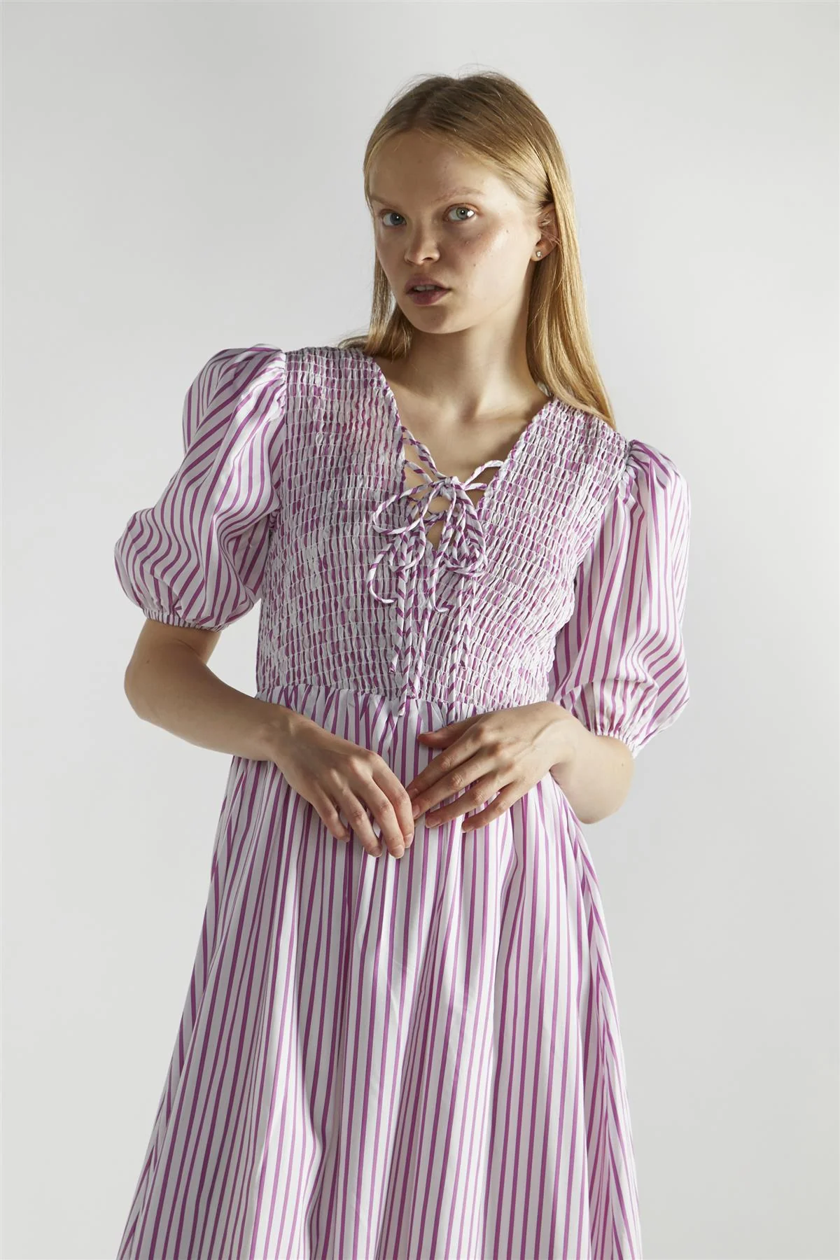 White-Purple-Stripe Tie-Front Midi-Dresses - Image 3