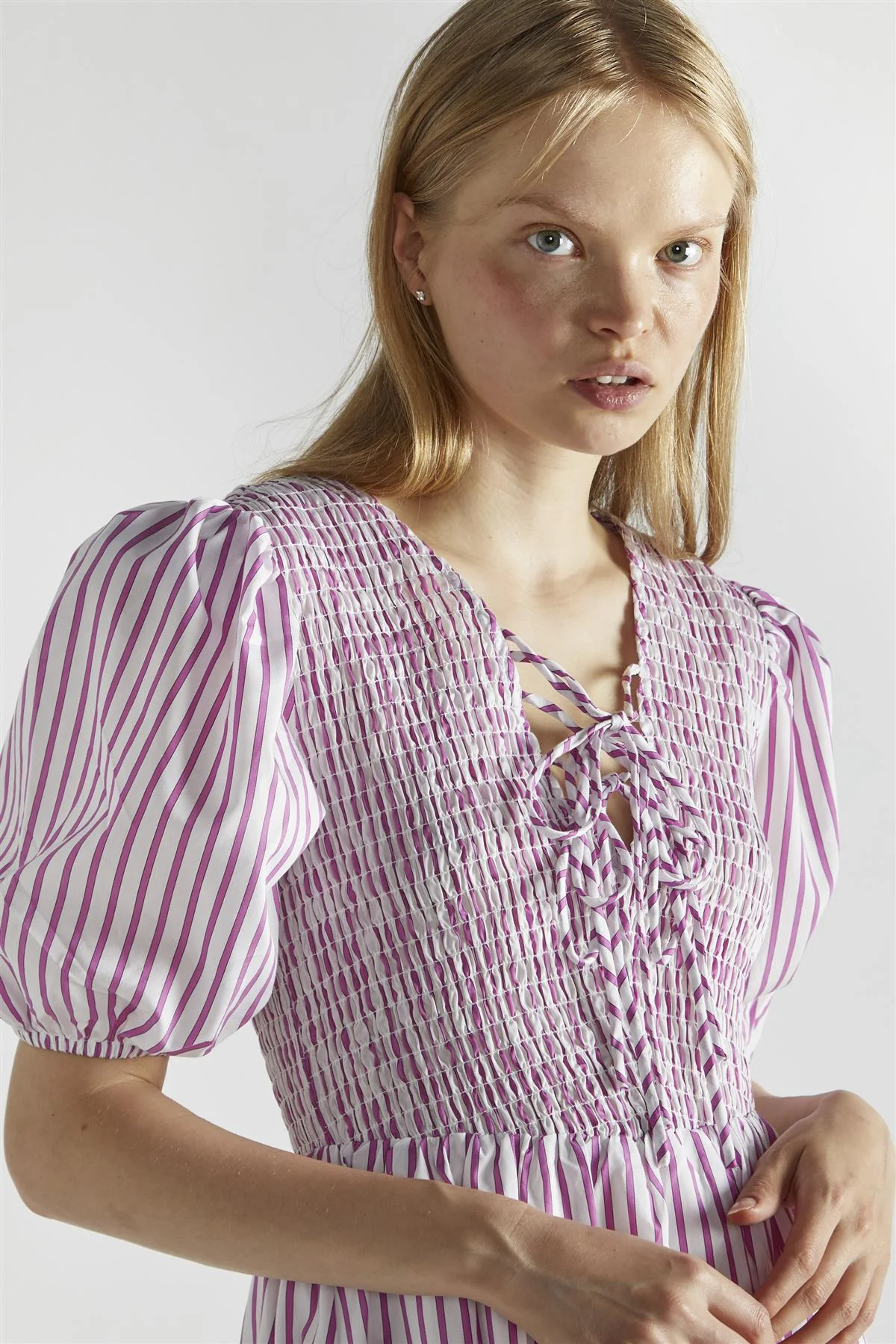 White-Purple-Stripe Tie-Front Midi-Dresses - Image 4