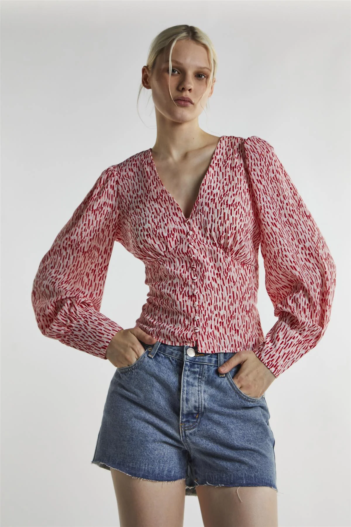 White Red Print Long Sleeve-Top - Image 3